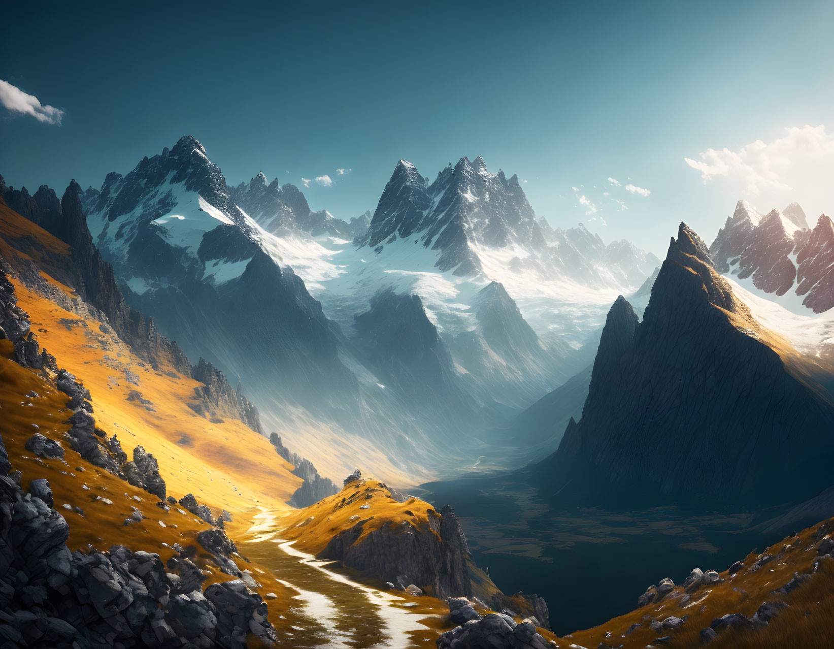 Majestic mountain pass with winding trail and sunlight contrast