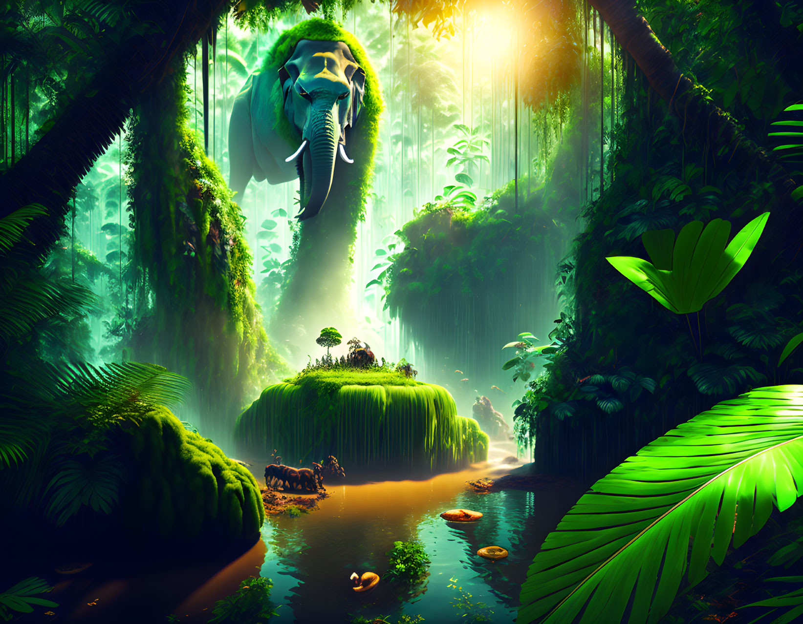 Lush jungle with river and elephant-shaped rock formation