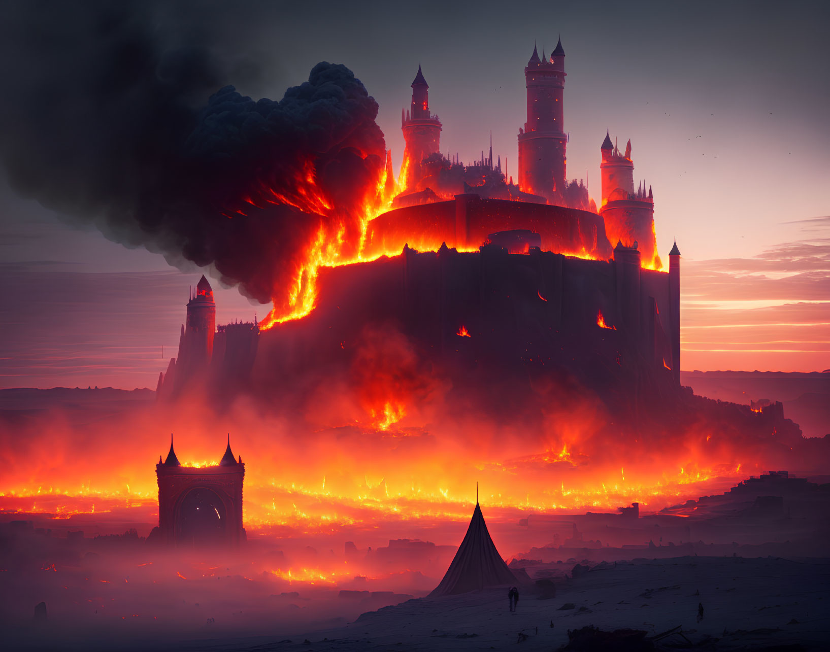 Burning castle surrounded by lava under twilight sky