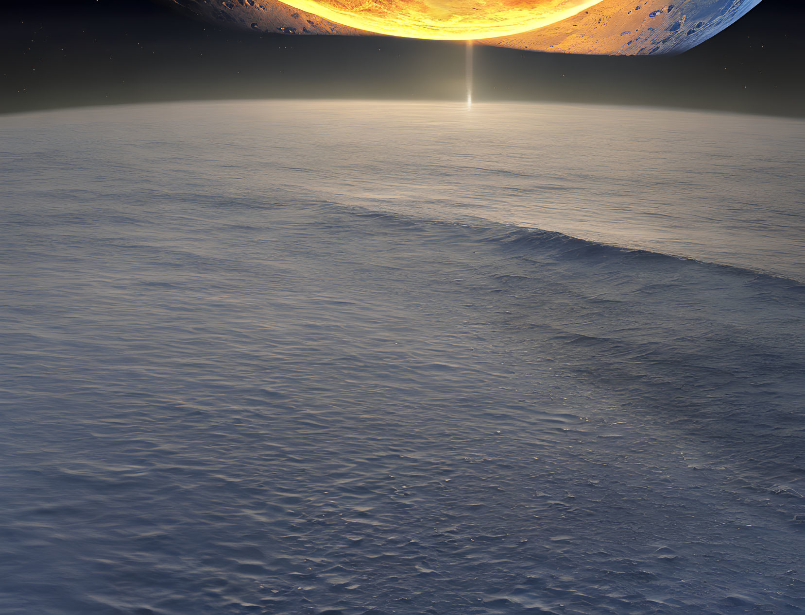 Celestial body over desolate landscape with starlit sky & reflective water