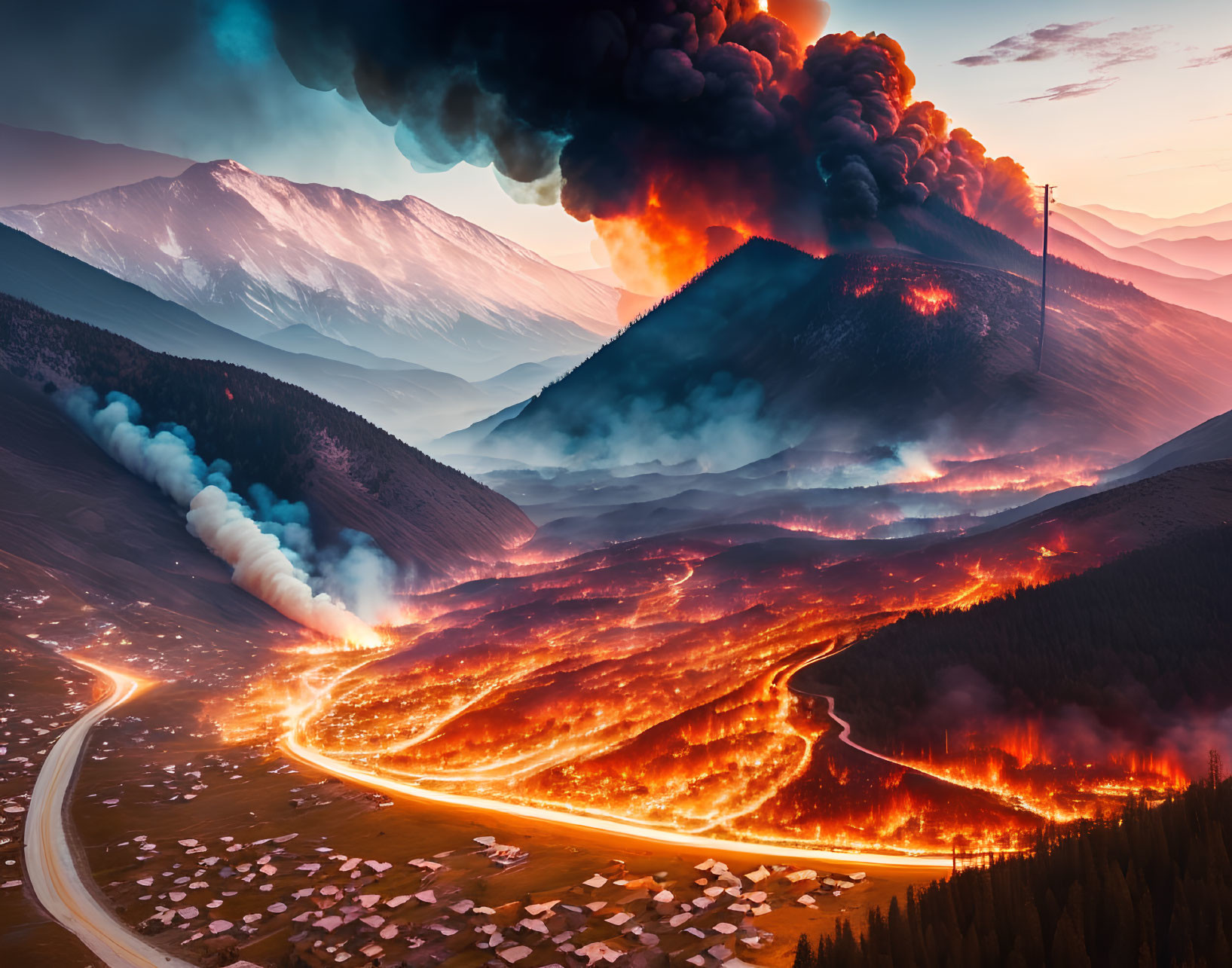 Dramatic landscape with winding road, burning village, and smoke-filled sky