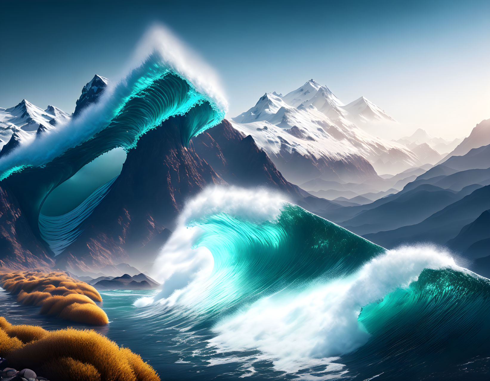 Surreal digital artwork: Giant waves, snow-capped mountains, blue sky