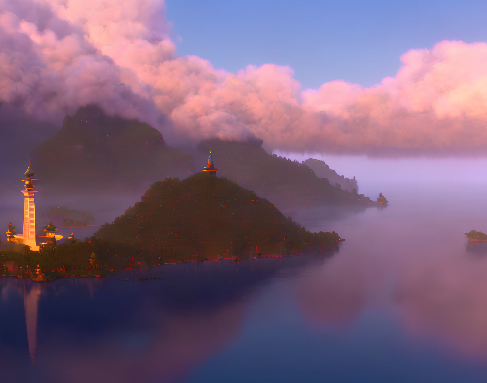 Twilight landscape with pagoda, temple, misty hill, and calm water