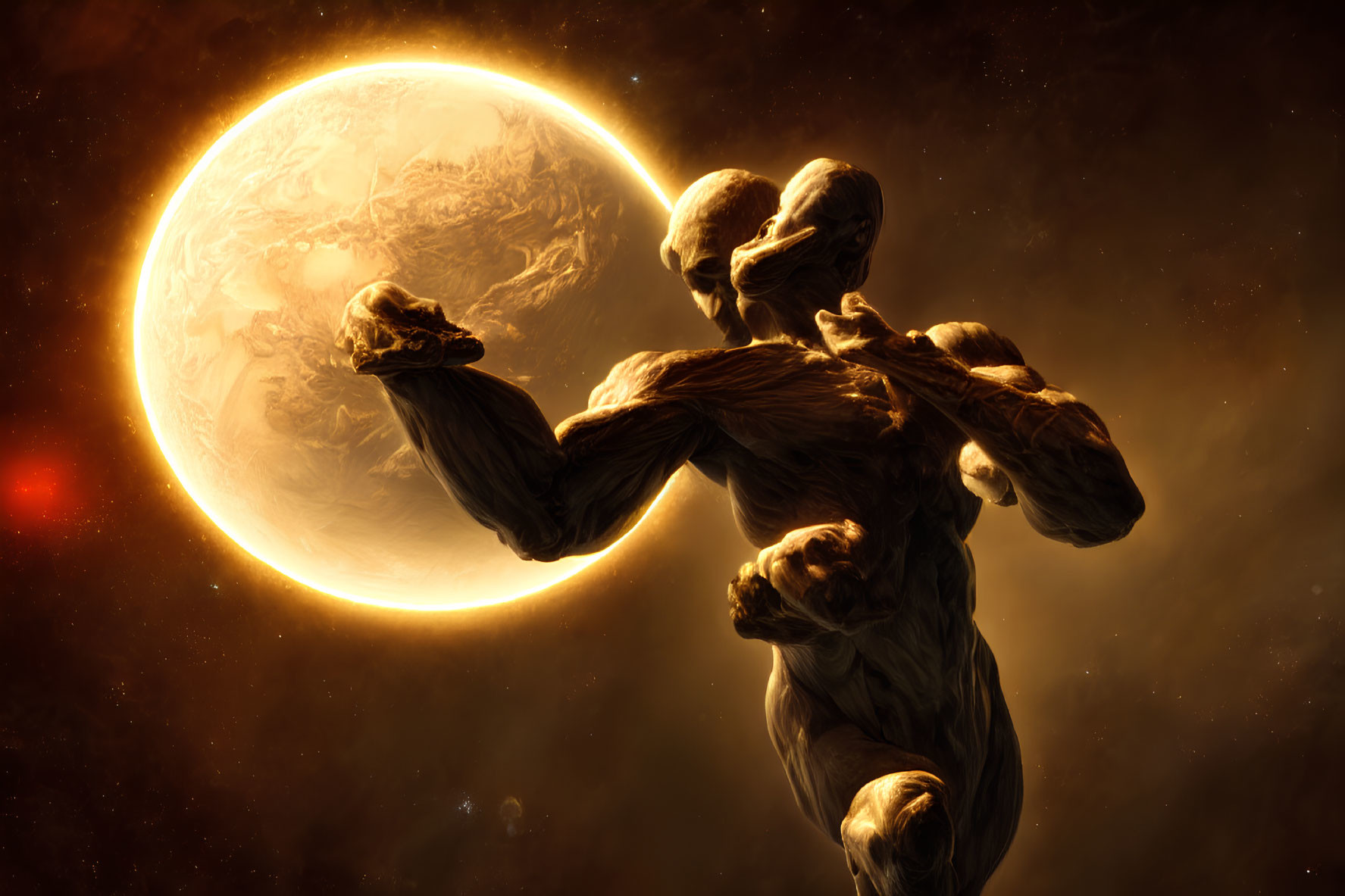 Muscular figure with illuminated outline and glowing planet.