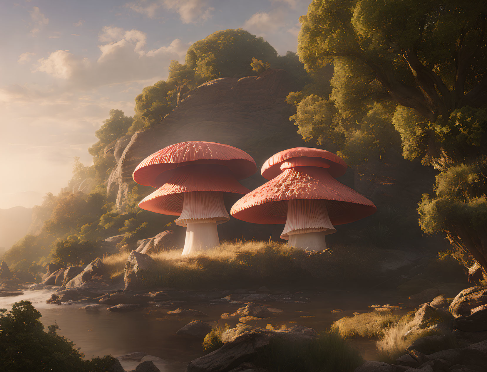 Tranquil landscape with oversized red mushrooms by a river