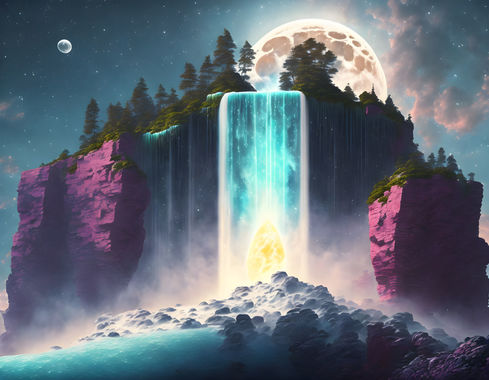 Surreal landscape with moon, waterfall, crystal, and mist