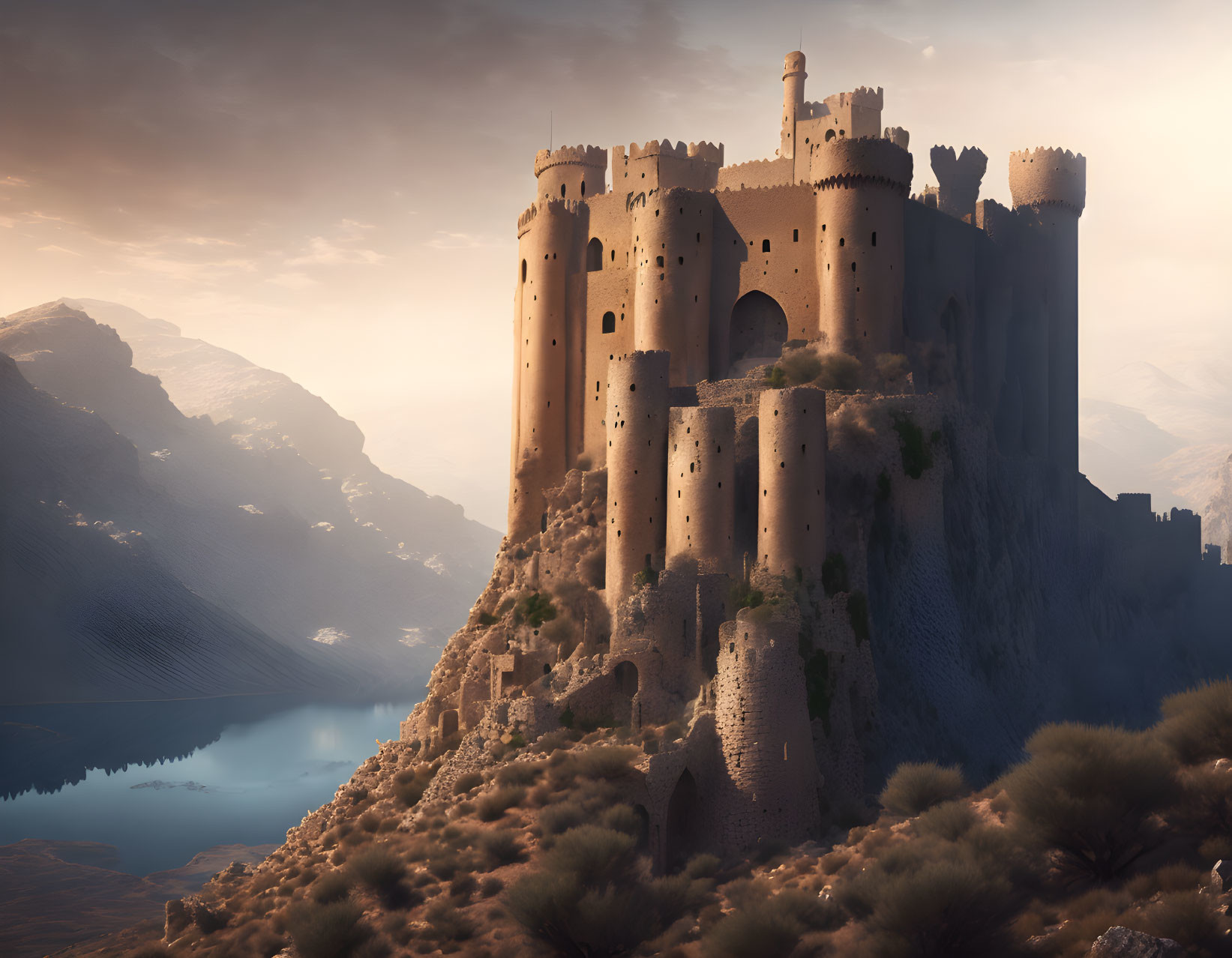 Sandstone Castle on Cliff Overlooking Lake & Hills at Twilight