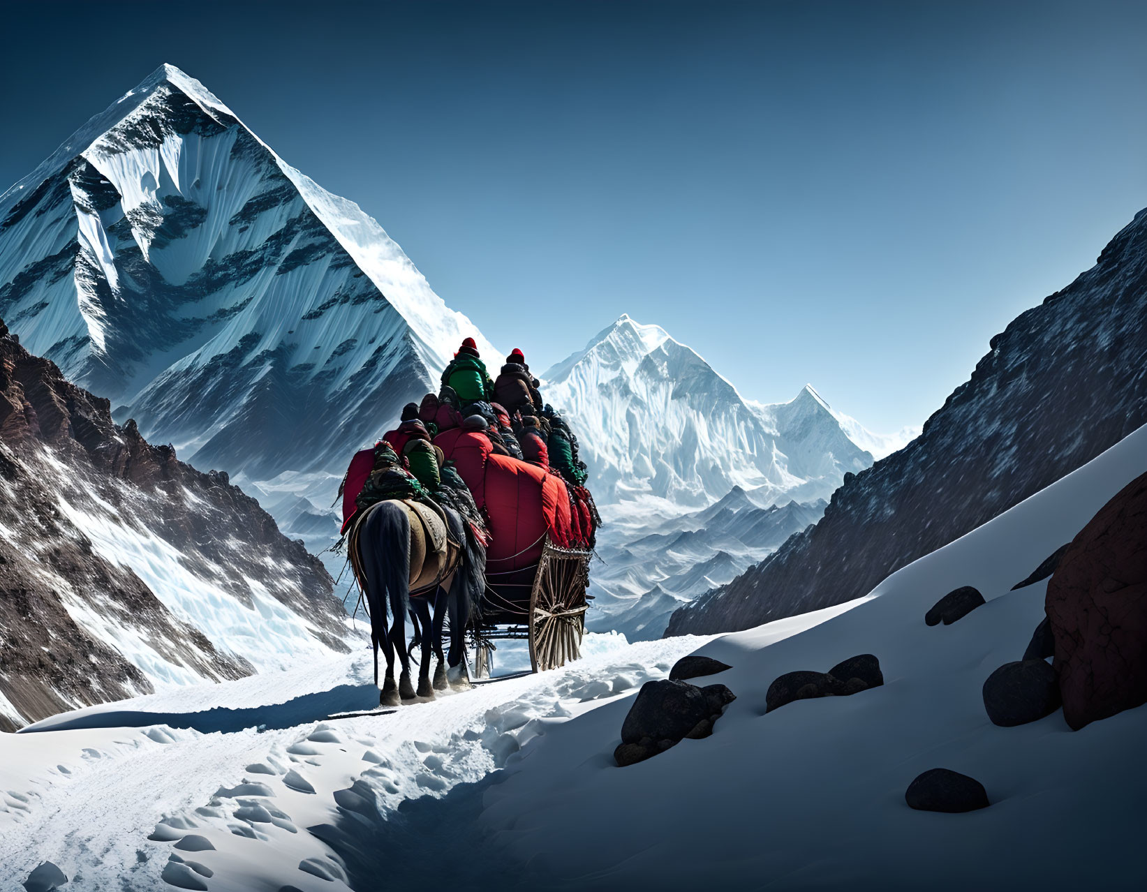 Adorned yaks led by guides on snowy mountain pass