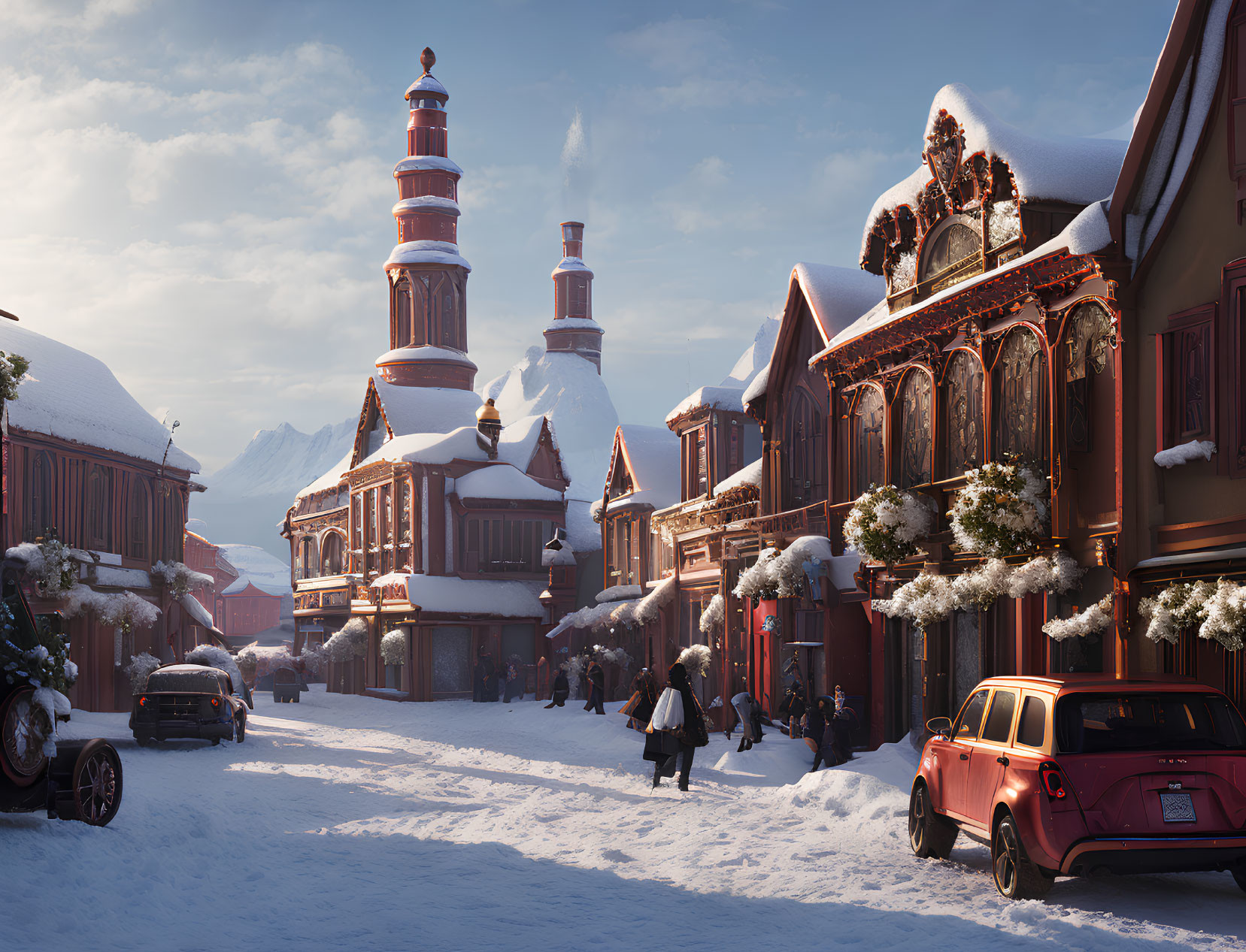 Snowy Street Scene with Historical Buildings, Pedestrians, Cars, and Mountains