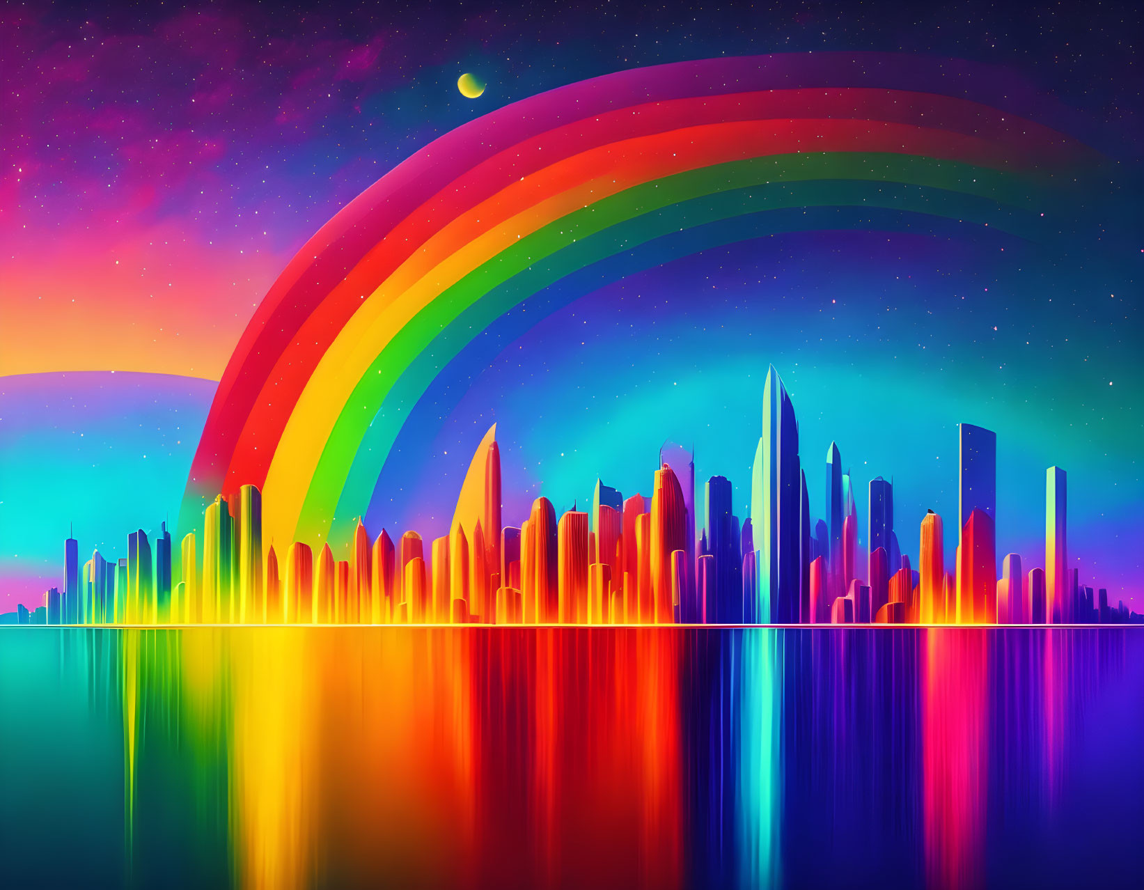 Colorful City Skyline Under Neon Rainbow and Crescent Moon