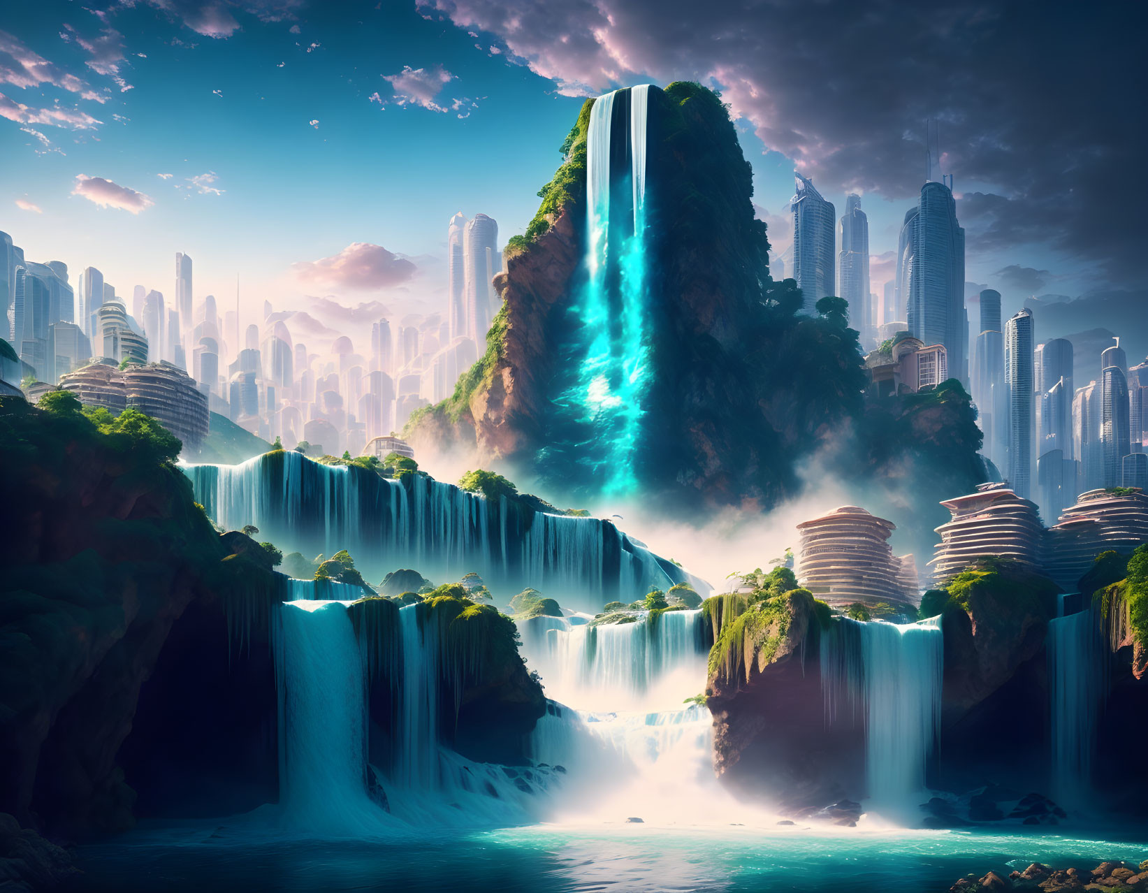 Radiant turquoise waterfall in futuristic landscape