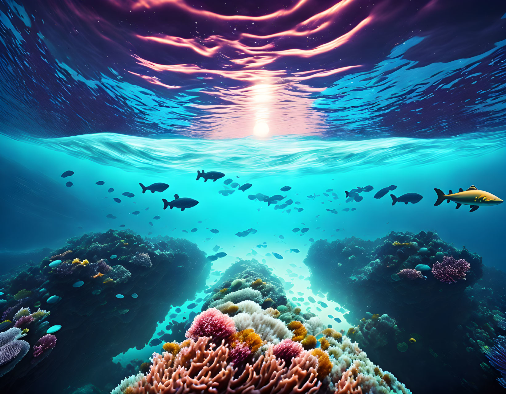 Vibrant Coral Reef with Fish and Sunlight Beneath Water