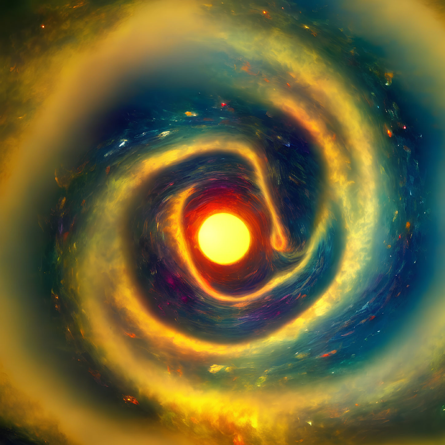 Colorful Swirling Galaxy Artwork in Bright Yellow, Blues, and Reds