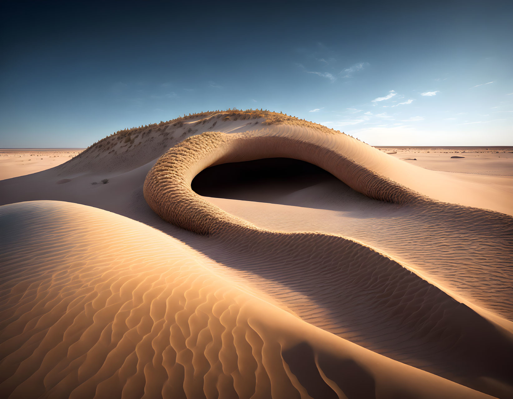 Scenic sand dunes with wind-formed patterns and distant vegetation.