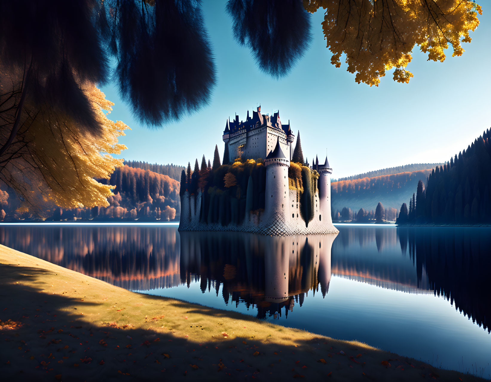 Autumnal trees and grand castle reflected in serene lake.