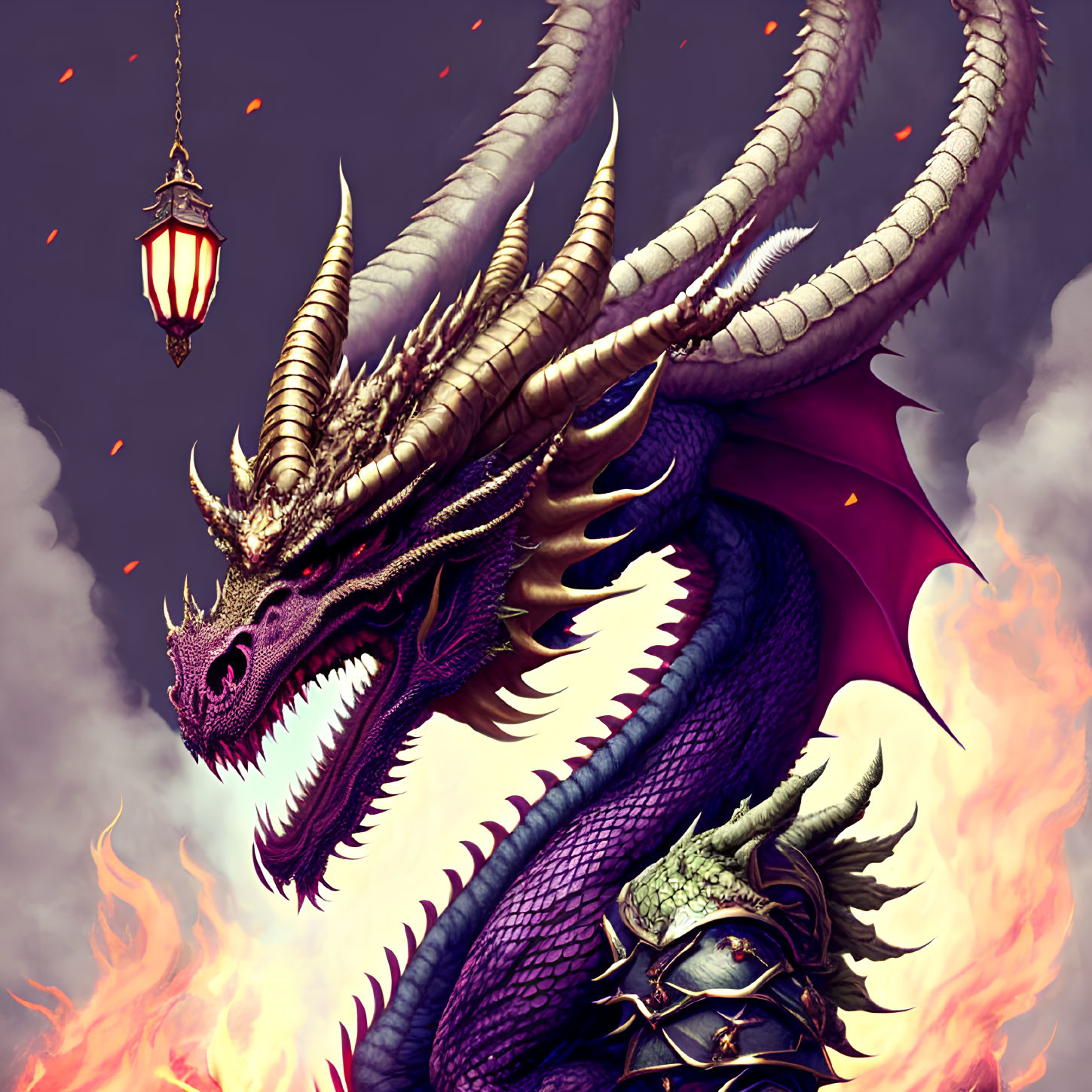 Purple Dragon with Multiple Horns and Lantern Tail in Flames Against Cloudy Sky