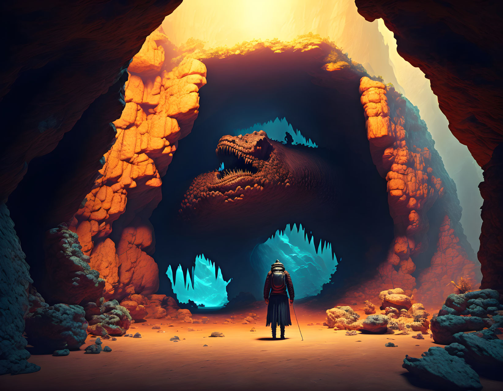 Knight faces giant dragon in eerie cavern with crystals & rocks.