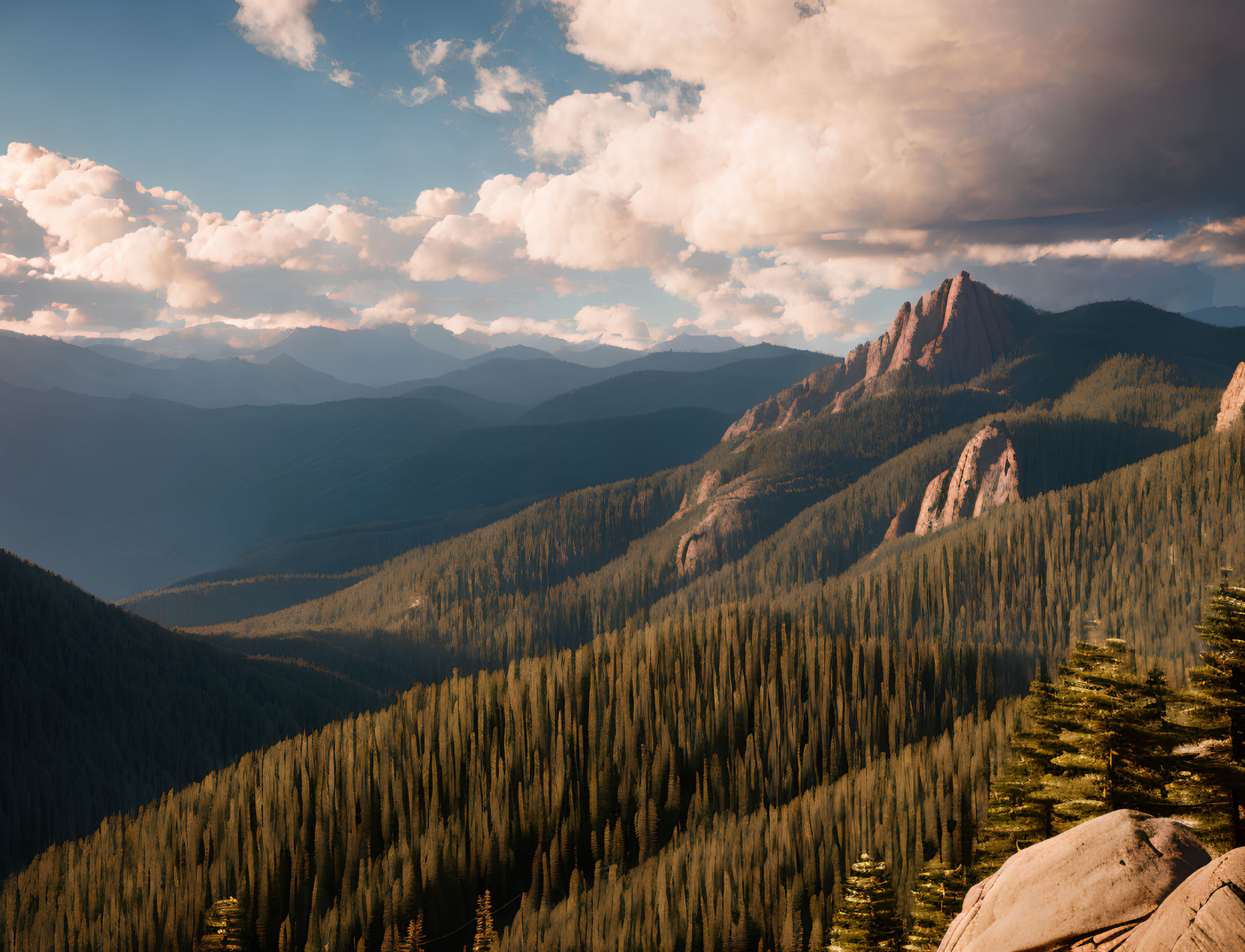 Golden Hour Mountain Landscape with Pine Forests and Rock Formations