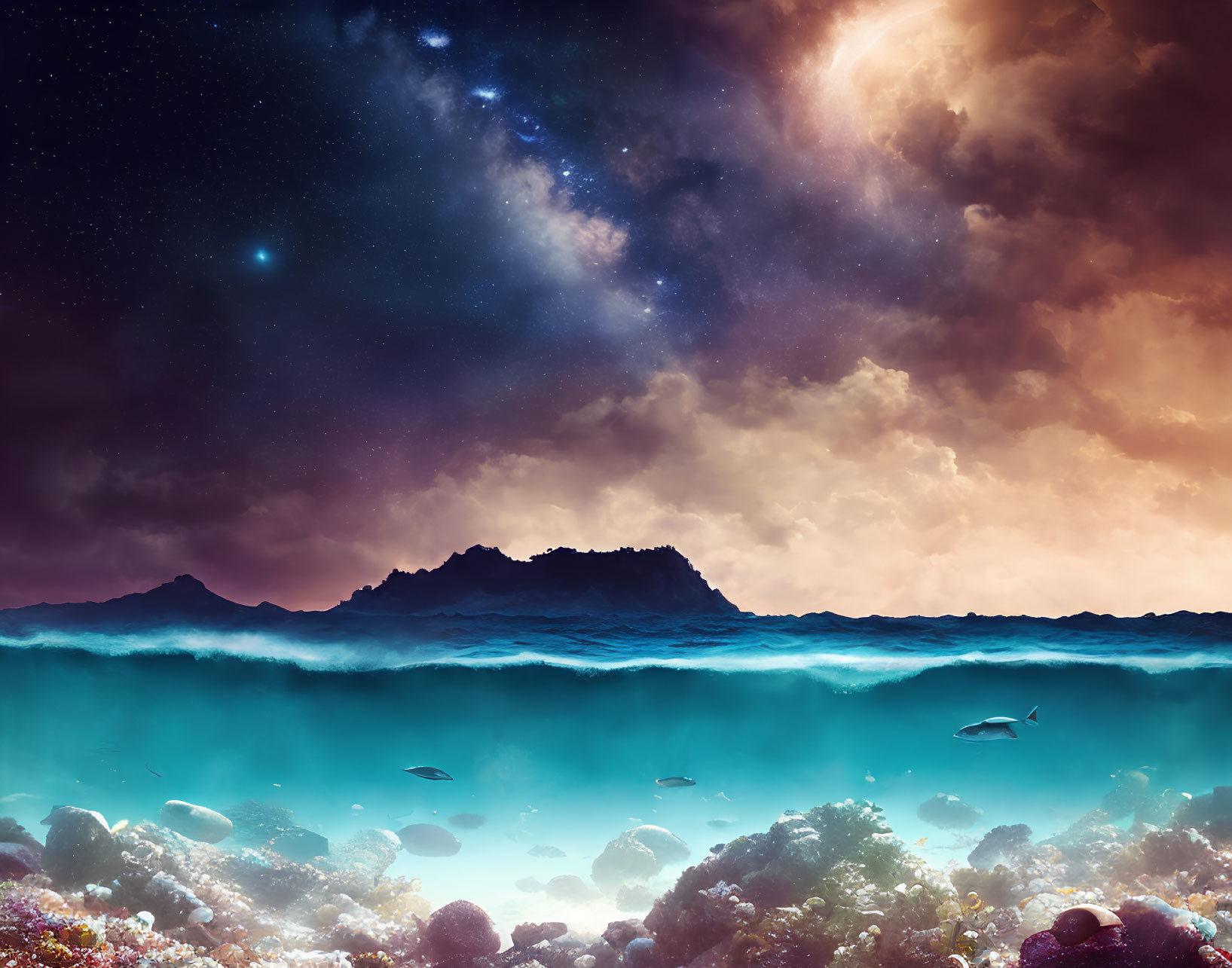 Colorful Coral Reef and Fish in Surreal Cosmic Ocean Environment