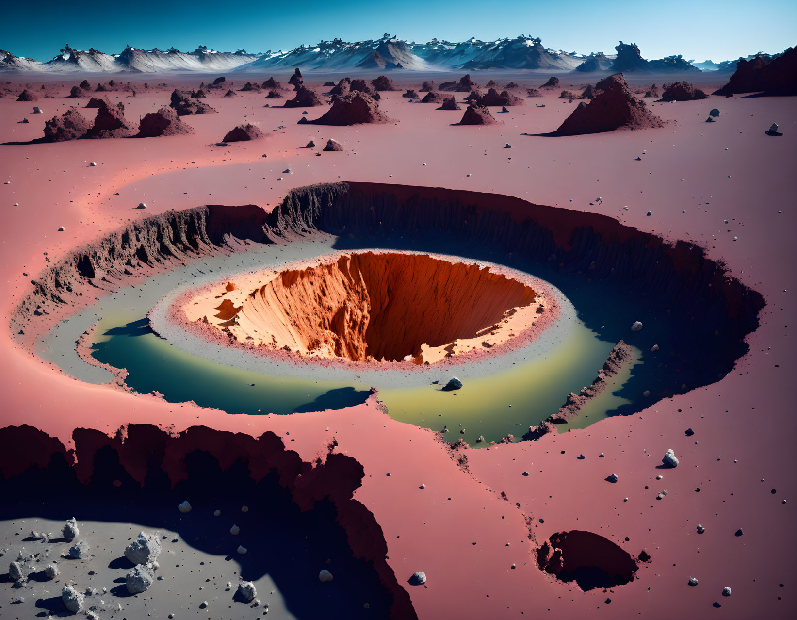 Surreal Mars-like landscape with iridescent crater lake