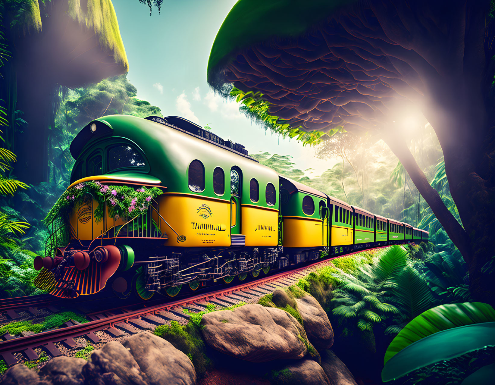 Vintage train "Jungle Trail" in lush, misty jungle