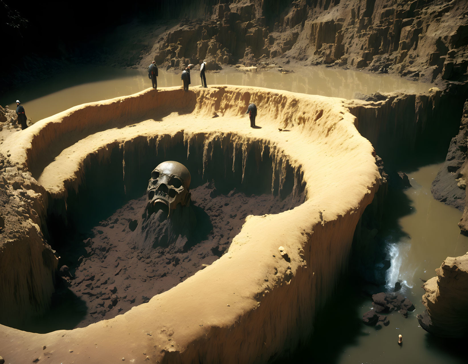 Giant skull in circular pit with tiered edges in desert setting