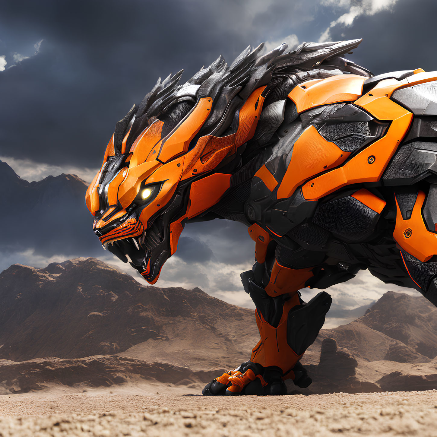 Mechanical robot tiger in black and orange armor on dramatic desert backdrop