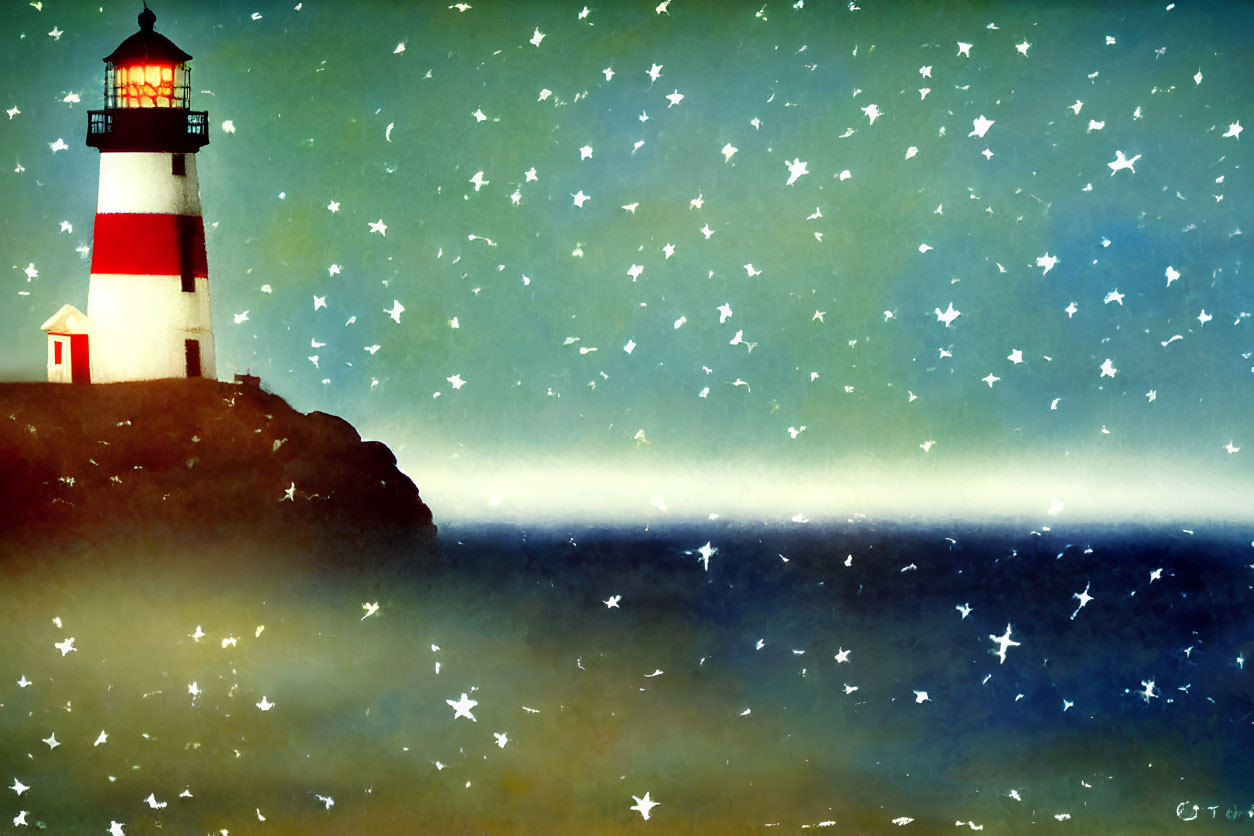 Starry night scene of lighthouse on cliff by sea