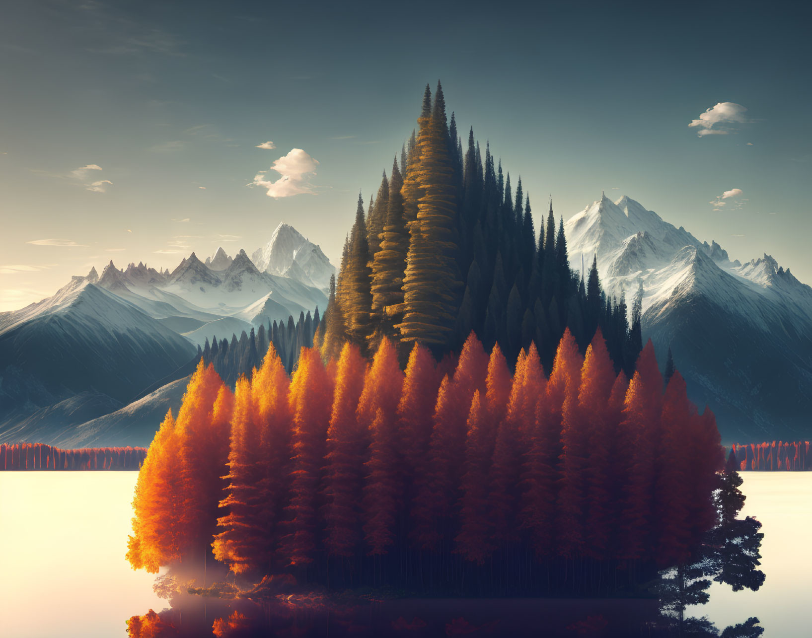 Surreal autumn landscape with pyramid-shaped island, mountains, and misty water