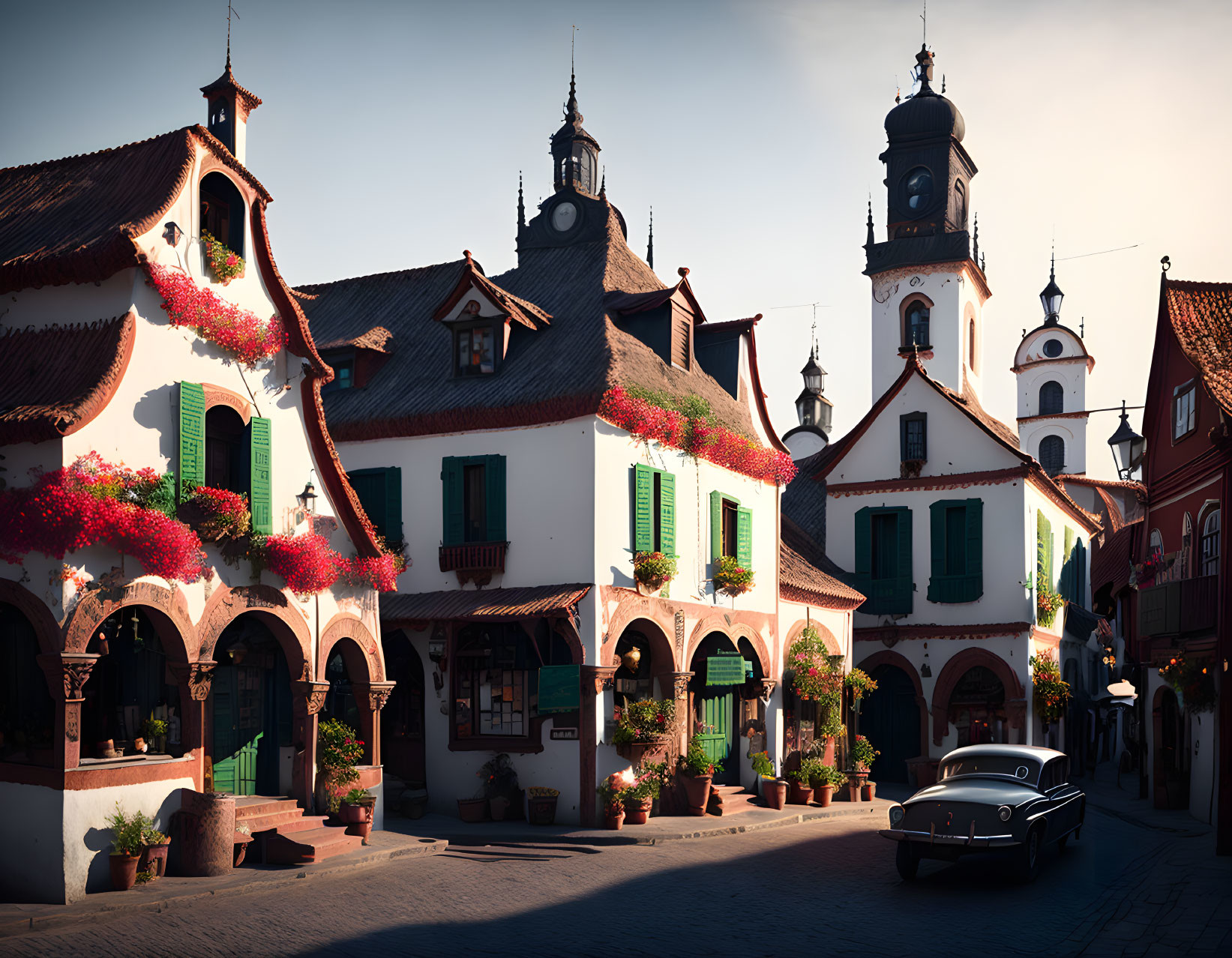 Charming European Village Street with Traditional Houses and Classic Car