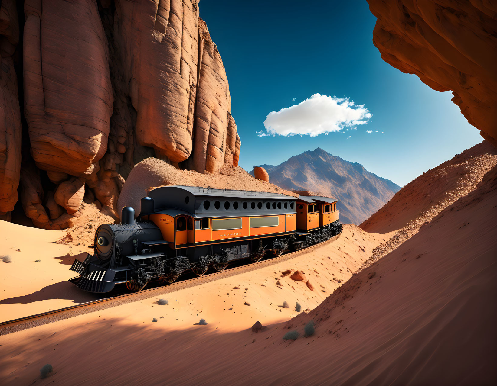 Vintage Orange and Black Steam Train in Desert Canyon