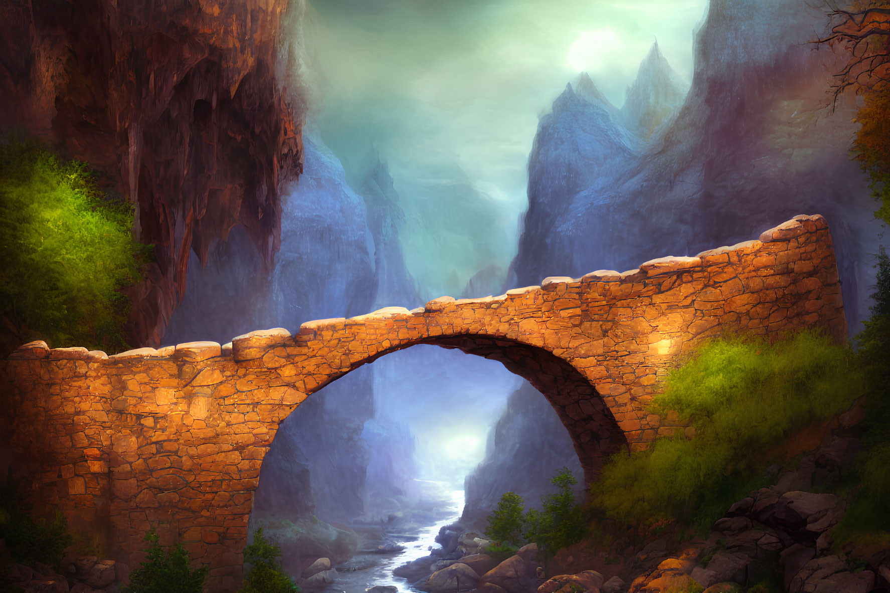 Ancient stone bridge over river in misty mountain gorge