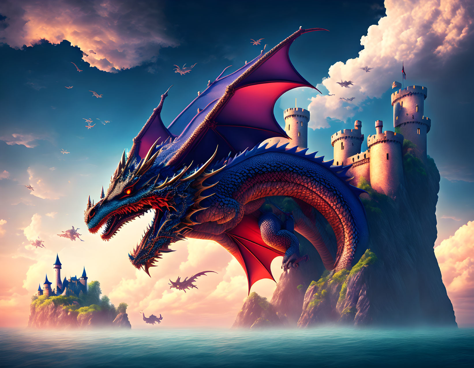 Majestic red and blue dragon near cliff castle under dramatic sky