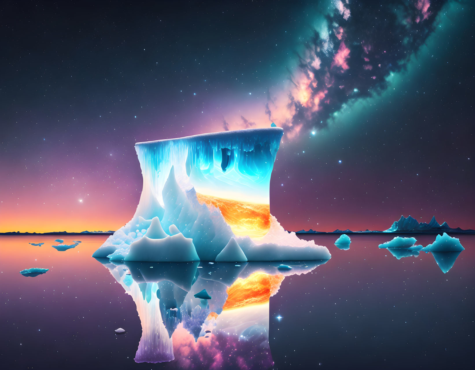 Iceberg Floating on Tranquil Water Against Vibrant Sunset and Colorful Galaxy