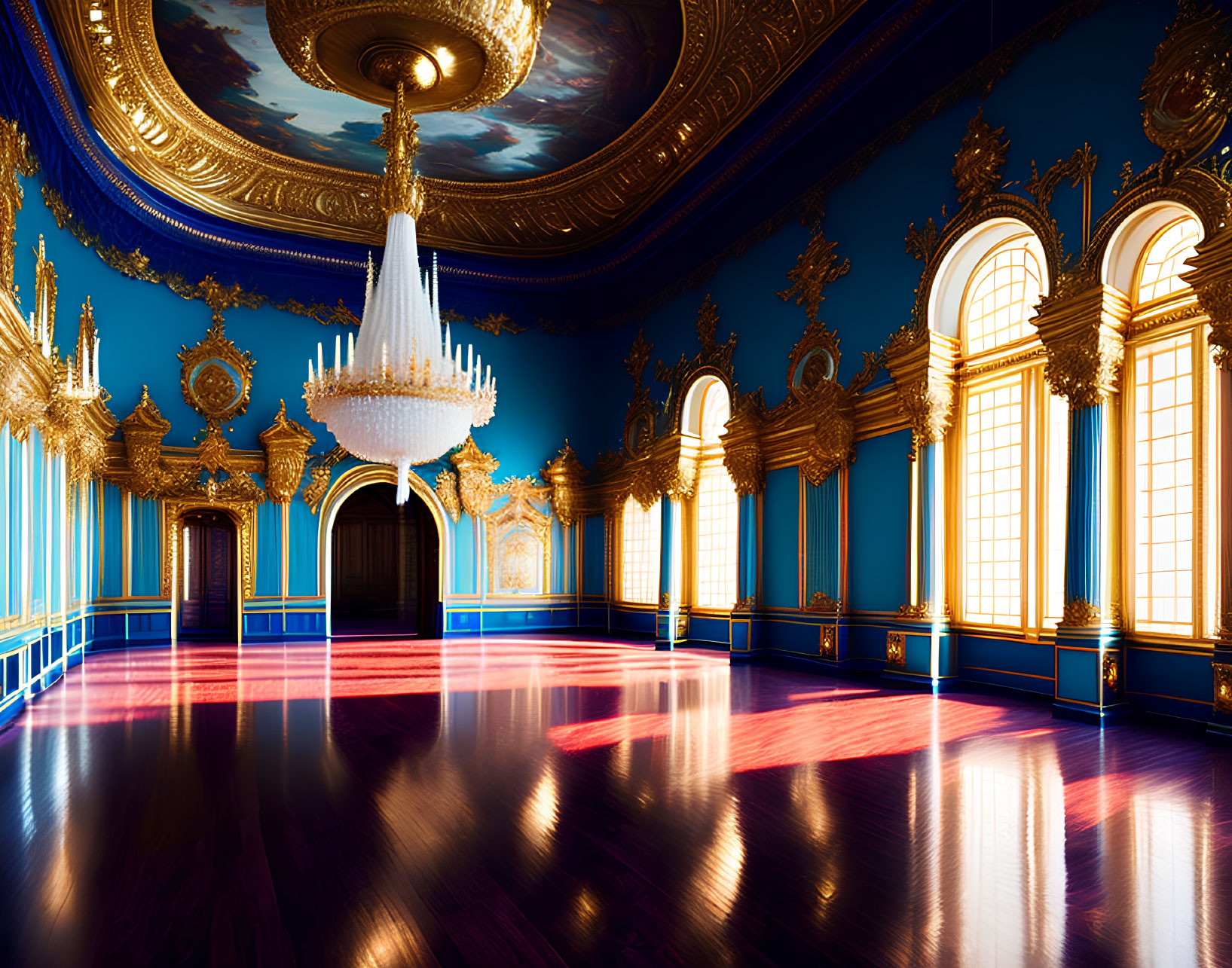 Elegant Blue and Gold Ballroom with Crystal Chandelier