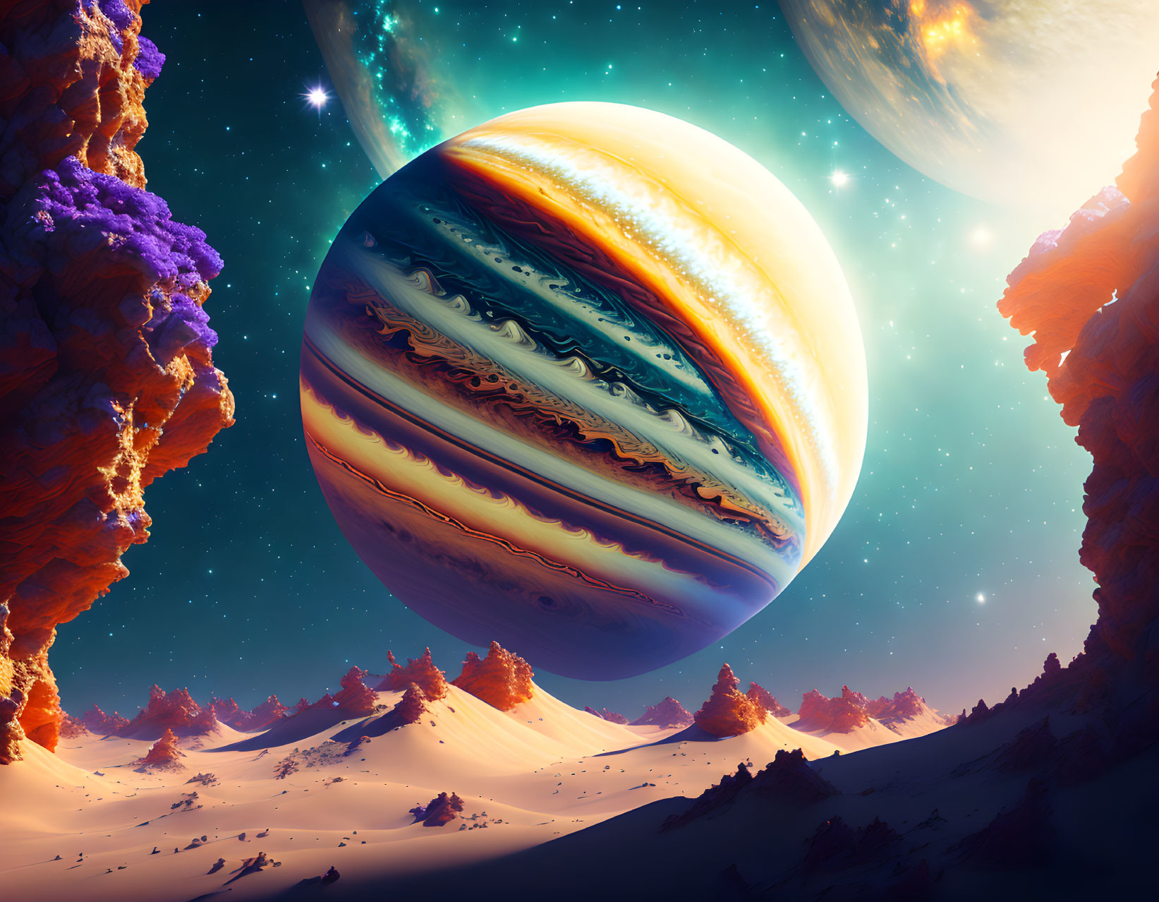 Colorful sci-fi landscape with ringed planet, celestial bodies, red snowy mountains, and purple foliage