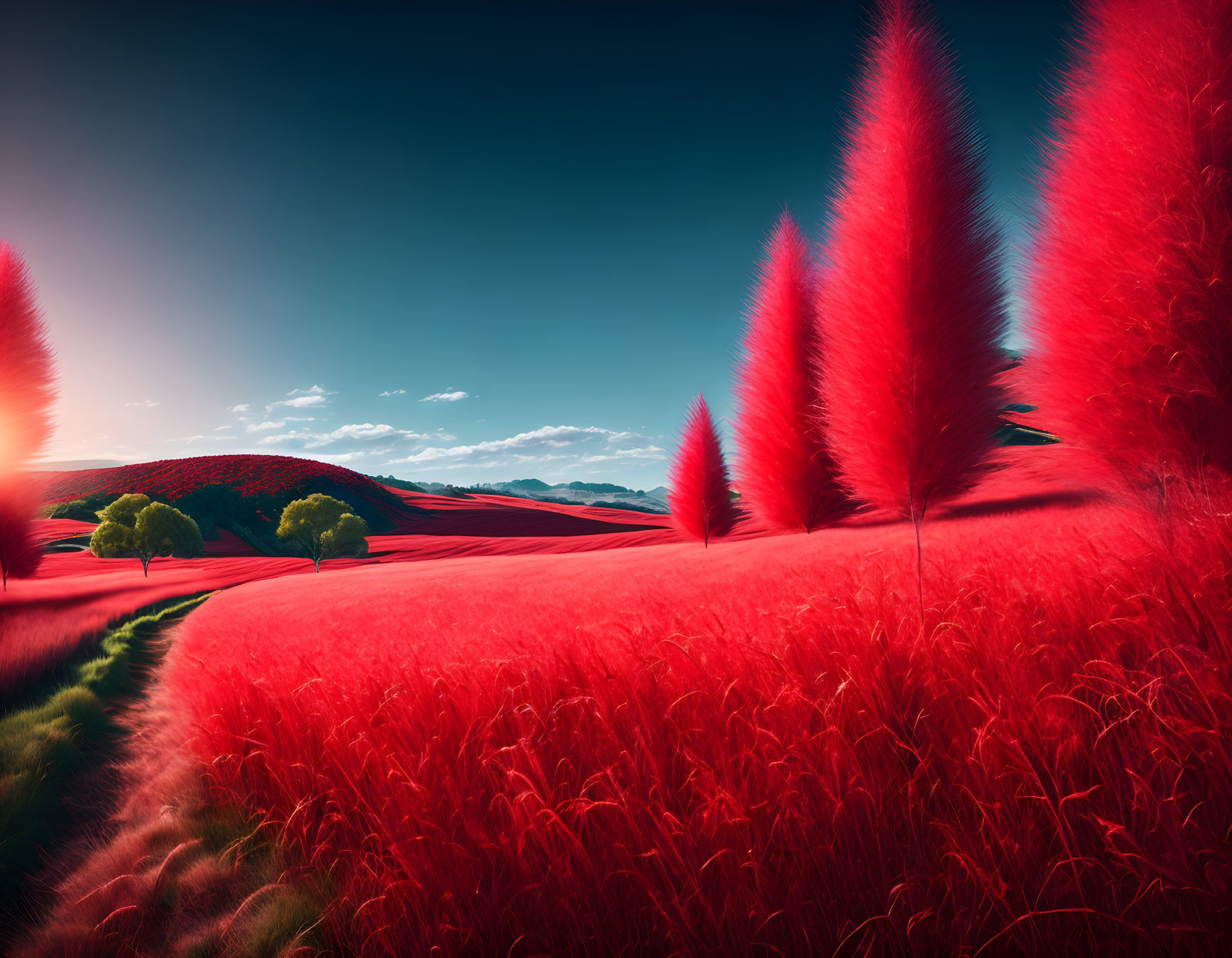 Surreal red landscape with fluffy trees under blue sky