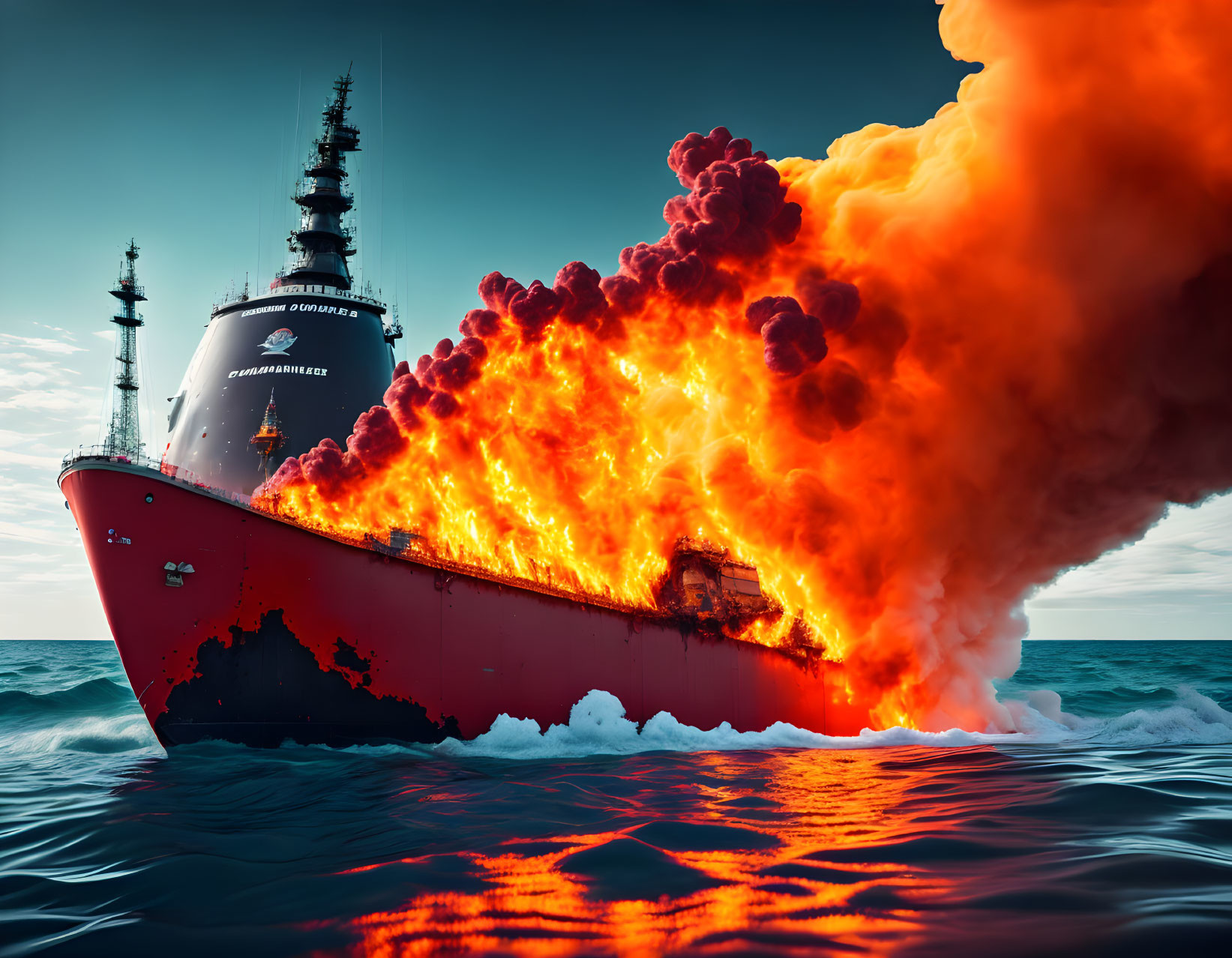 Burning red ship engulfed in flames on the ocean