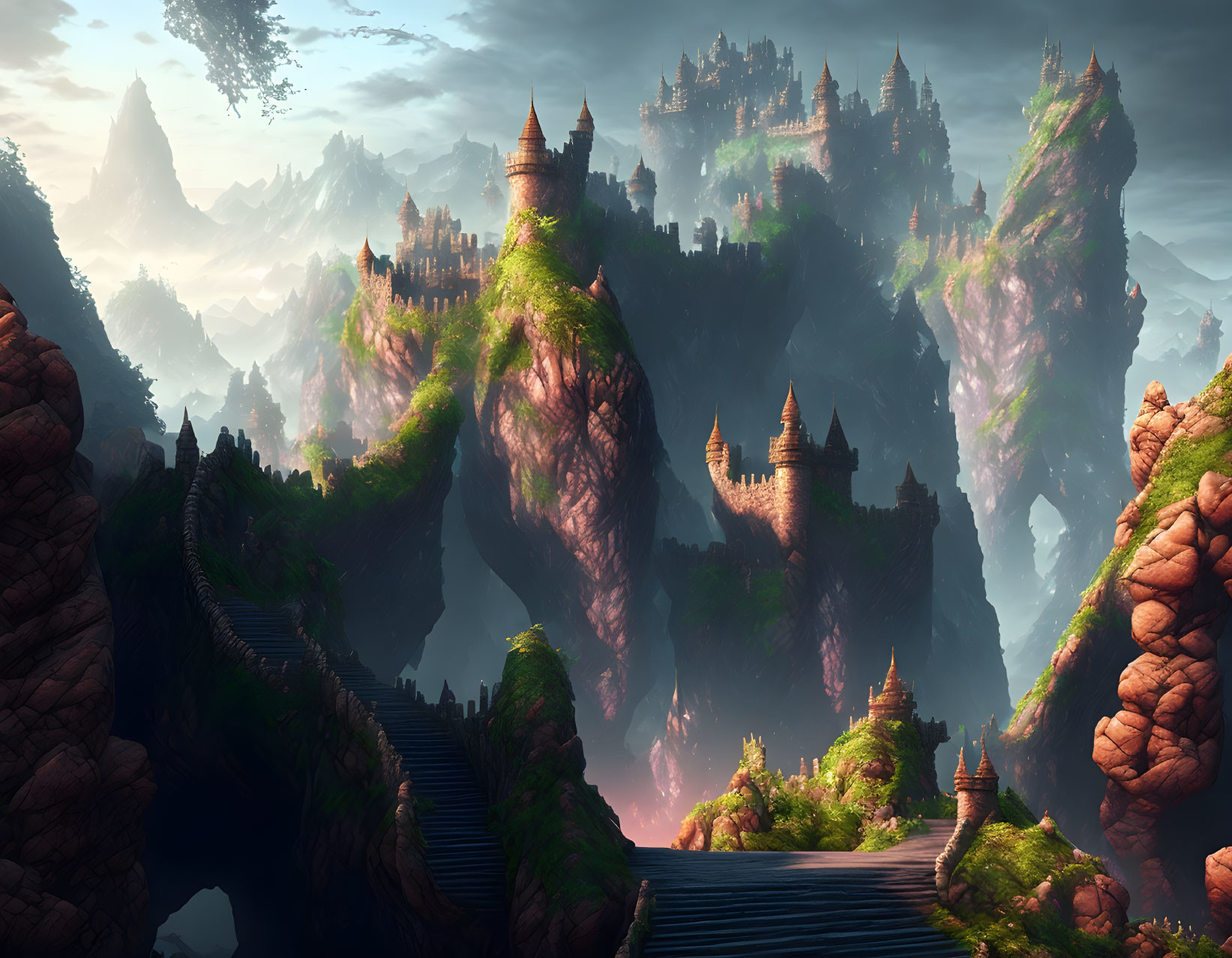 Fantasy landscape with castles on verdant cliffs under a glowing sky