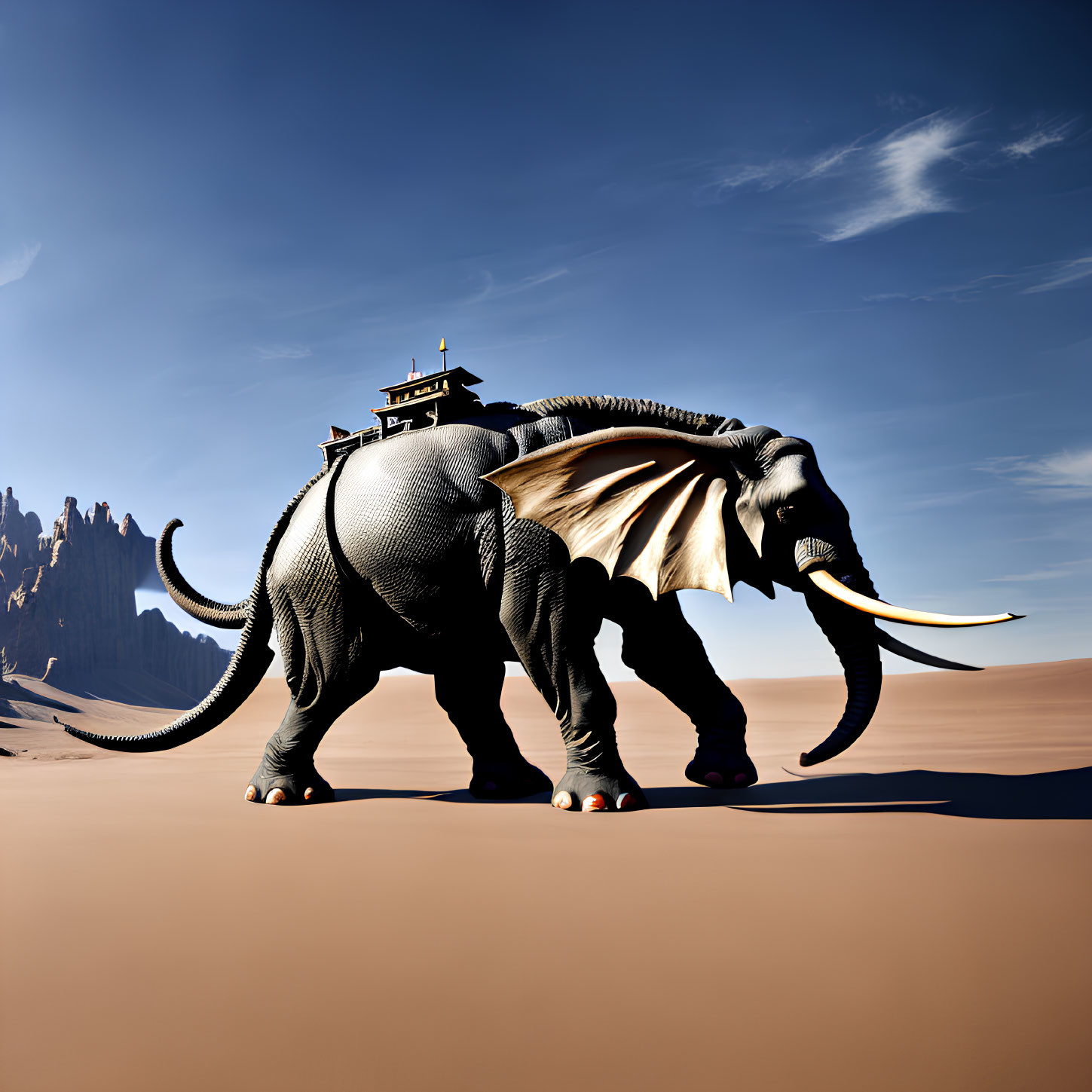 Gigantic elephant carrying a building in desert landscape