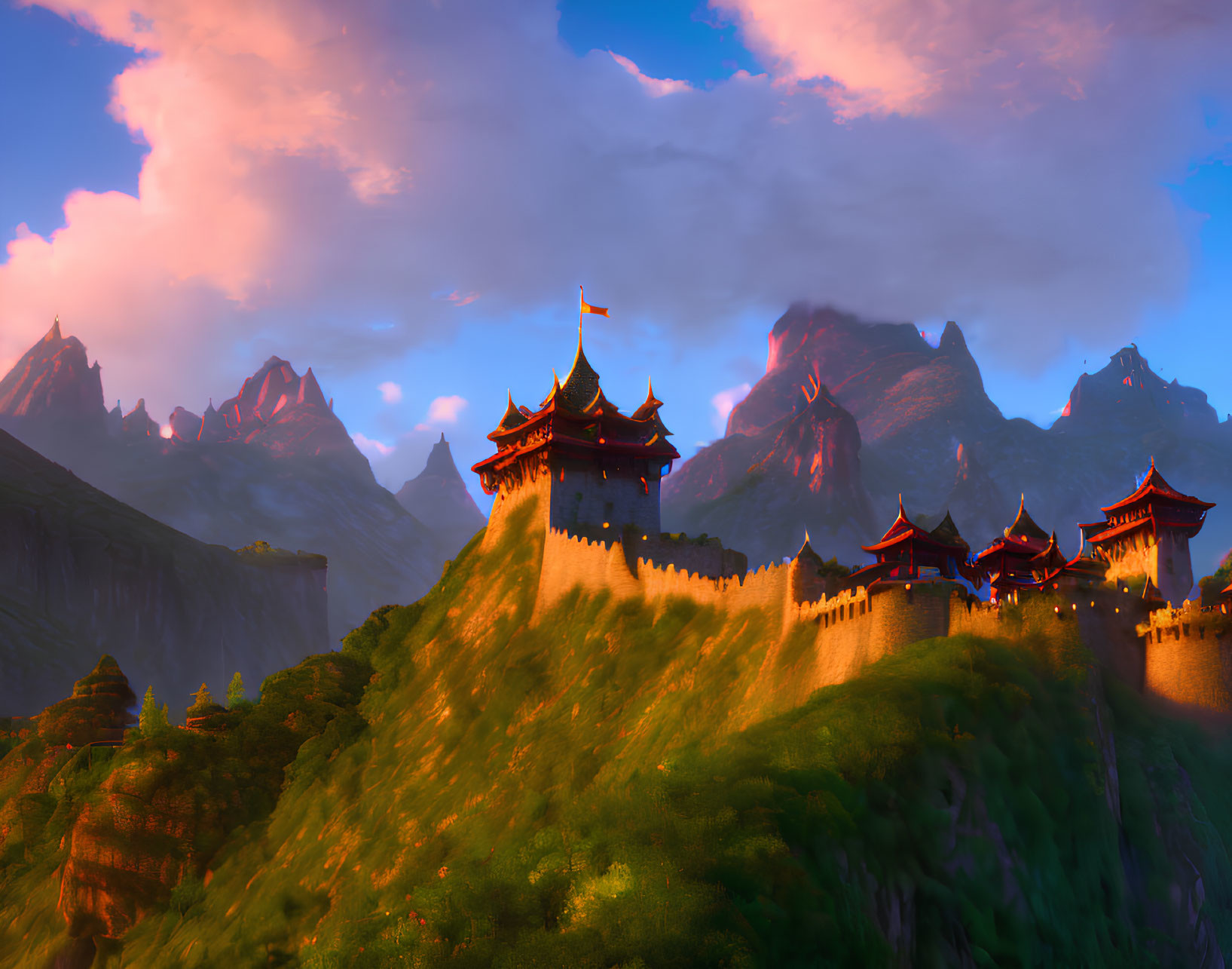 Ancient Eastern fortress on hill with red walls and golden roofs under dramatic sunset sky