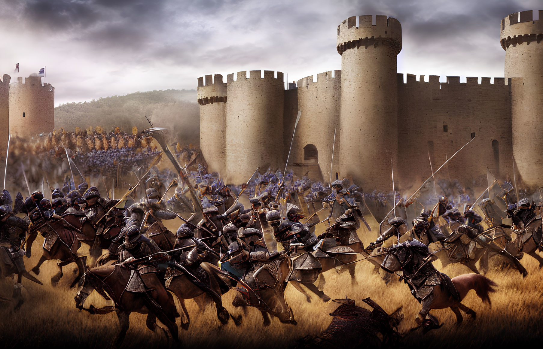 Medieval battle scene: cavalry charges by castle walls, infantry gathers.