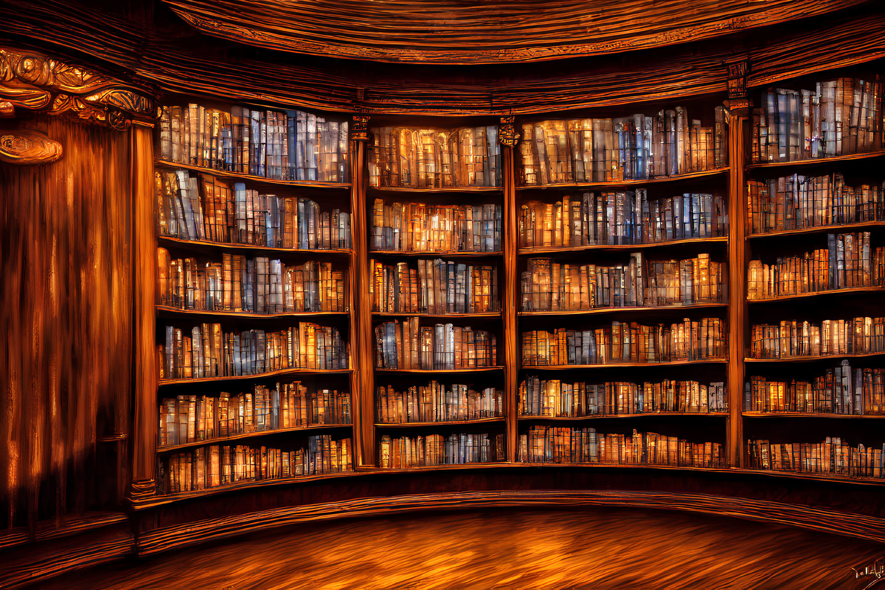 Cozy wooden library with curved bookshelves