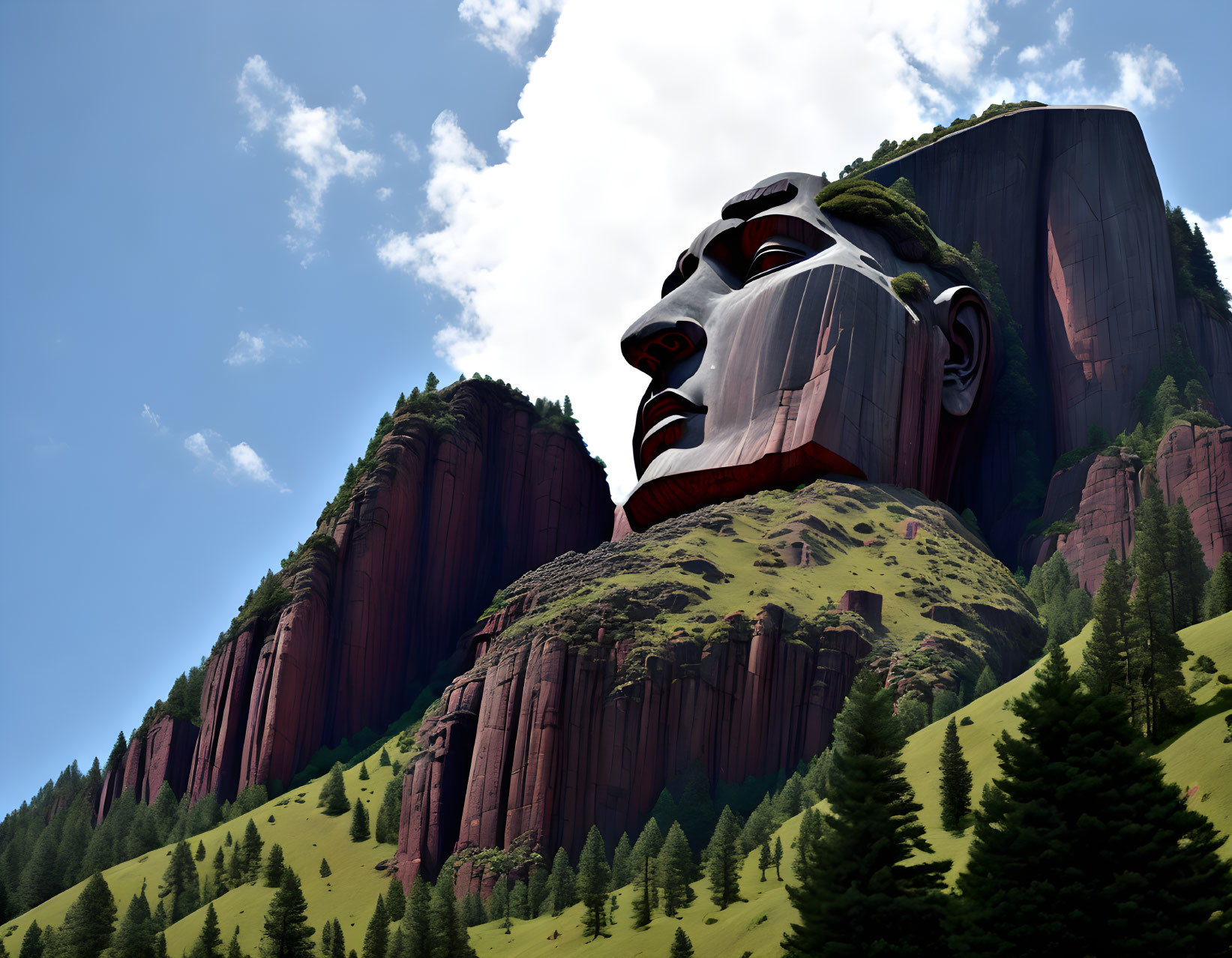 Giant face statue carved in mountain with greenery & blue sky