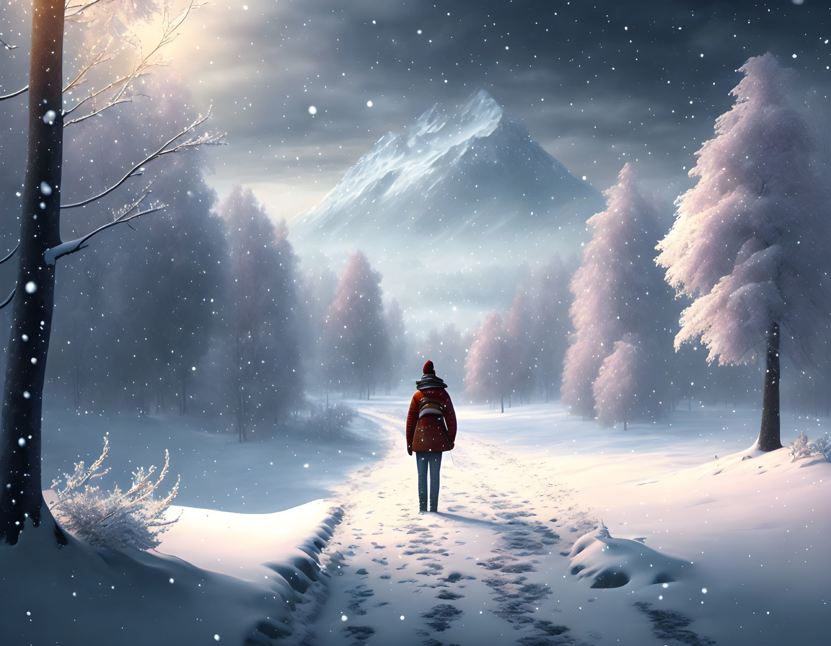 Snowy mountain path with lone traveler under starry sky