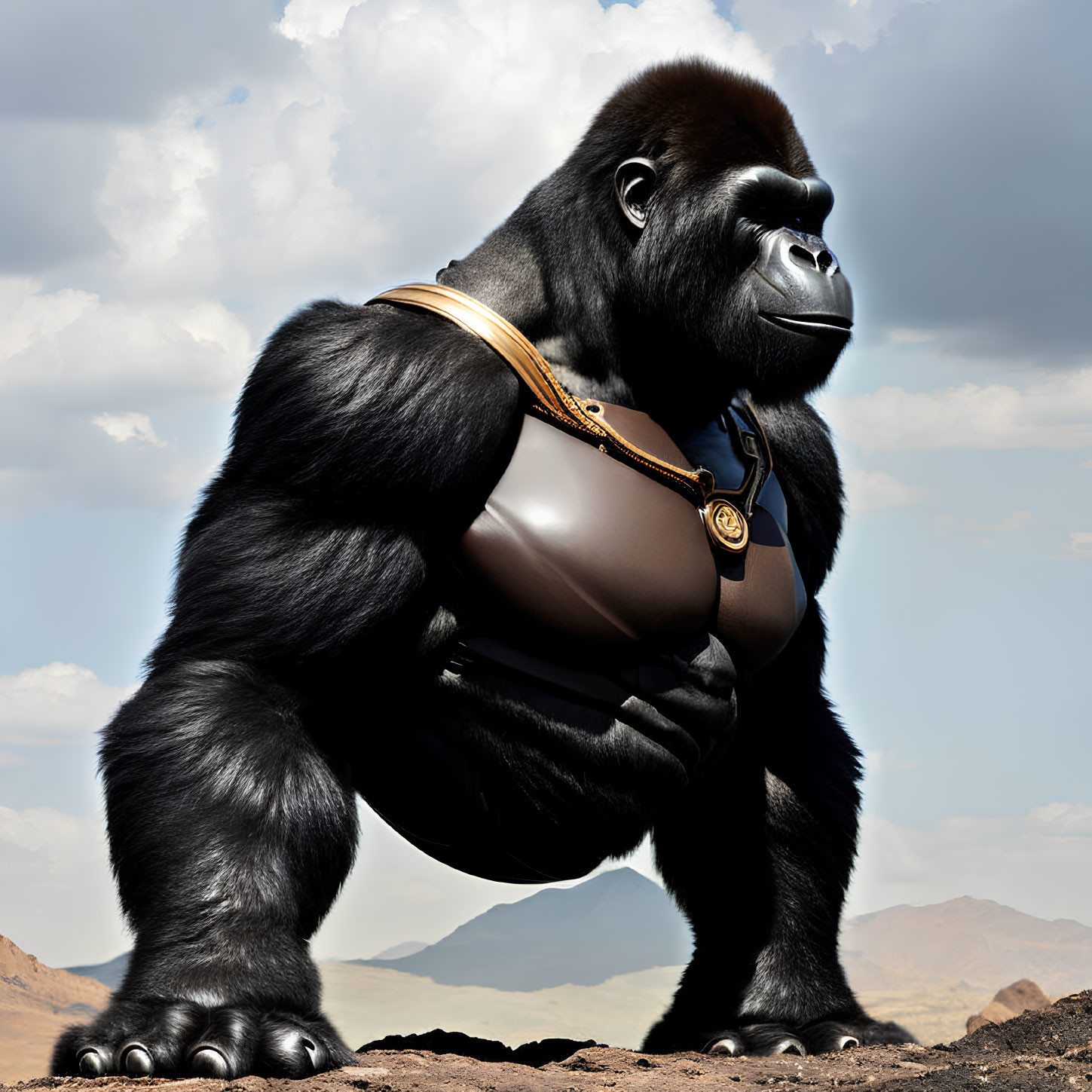 Muscular cartoon gorilla with golden accessories under cloudy sky