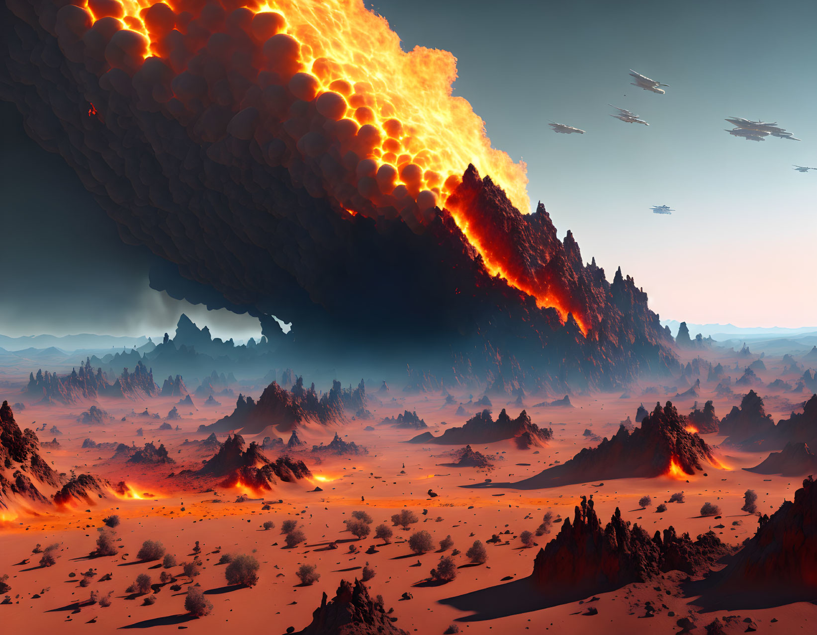 Alien planet volcanic eruption with lava flow and spaceships in fiery sky