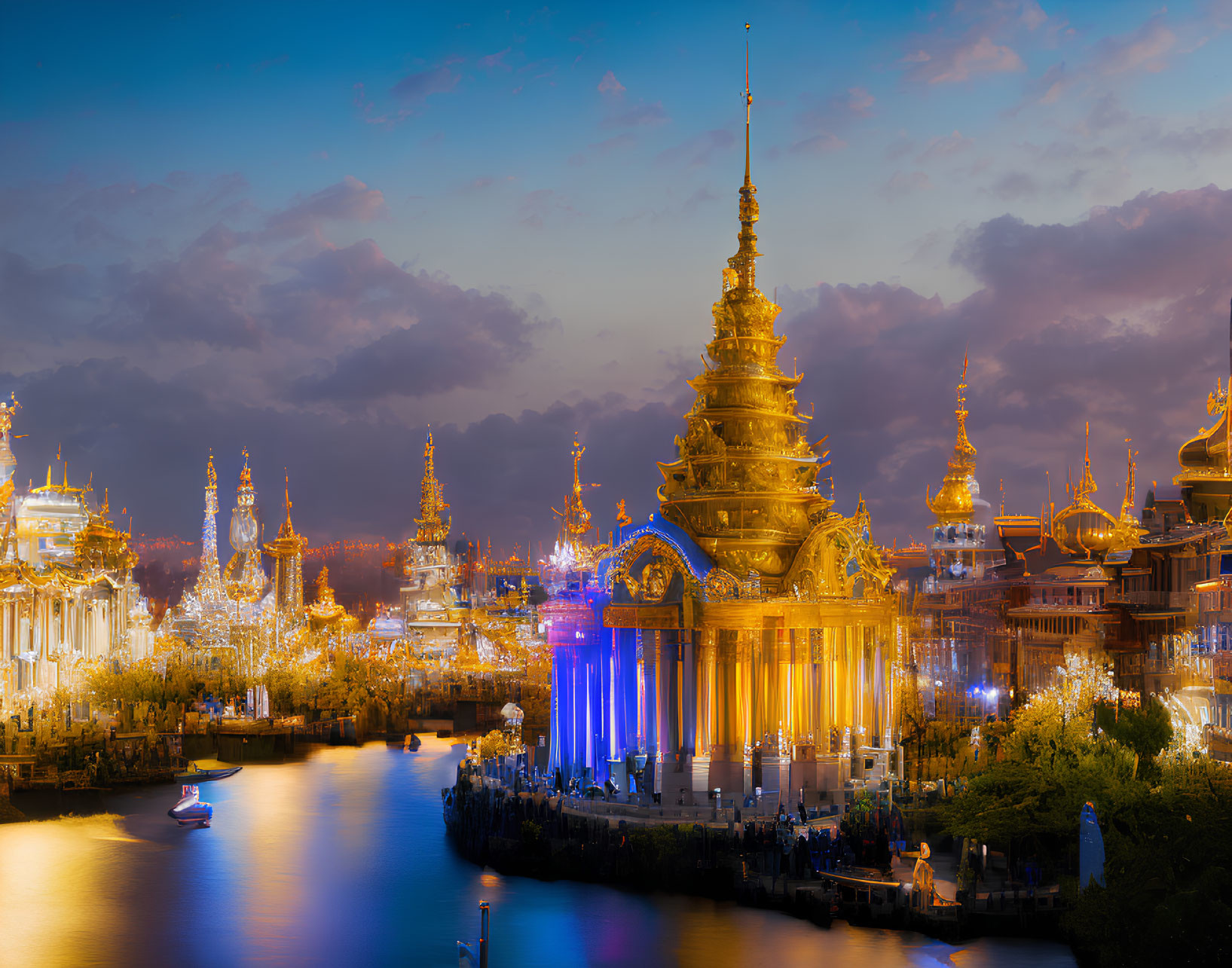 River at Twilight with Traditional Buildings, Pagodas, Boat, and Reflections