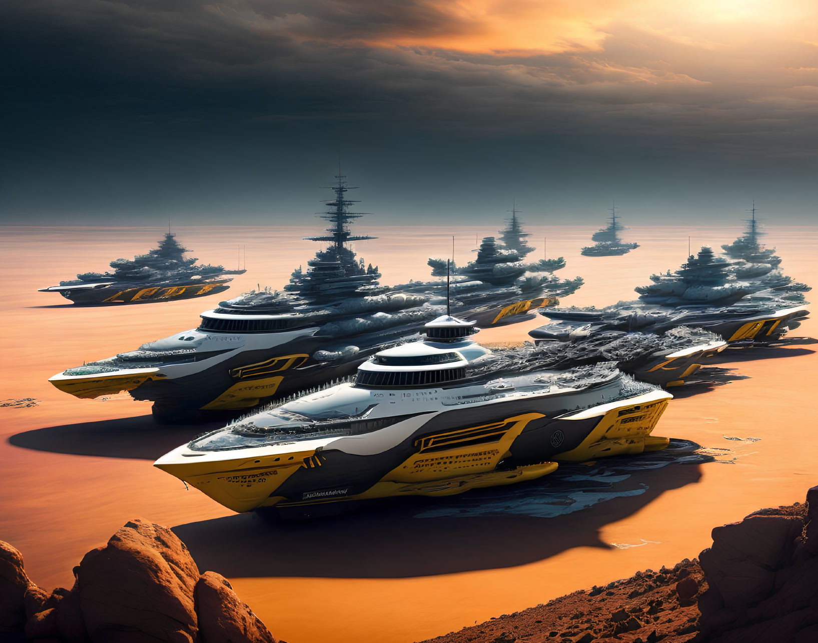 Futuristic warships with yellow and white highlights on an alien desert landscape