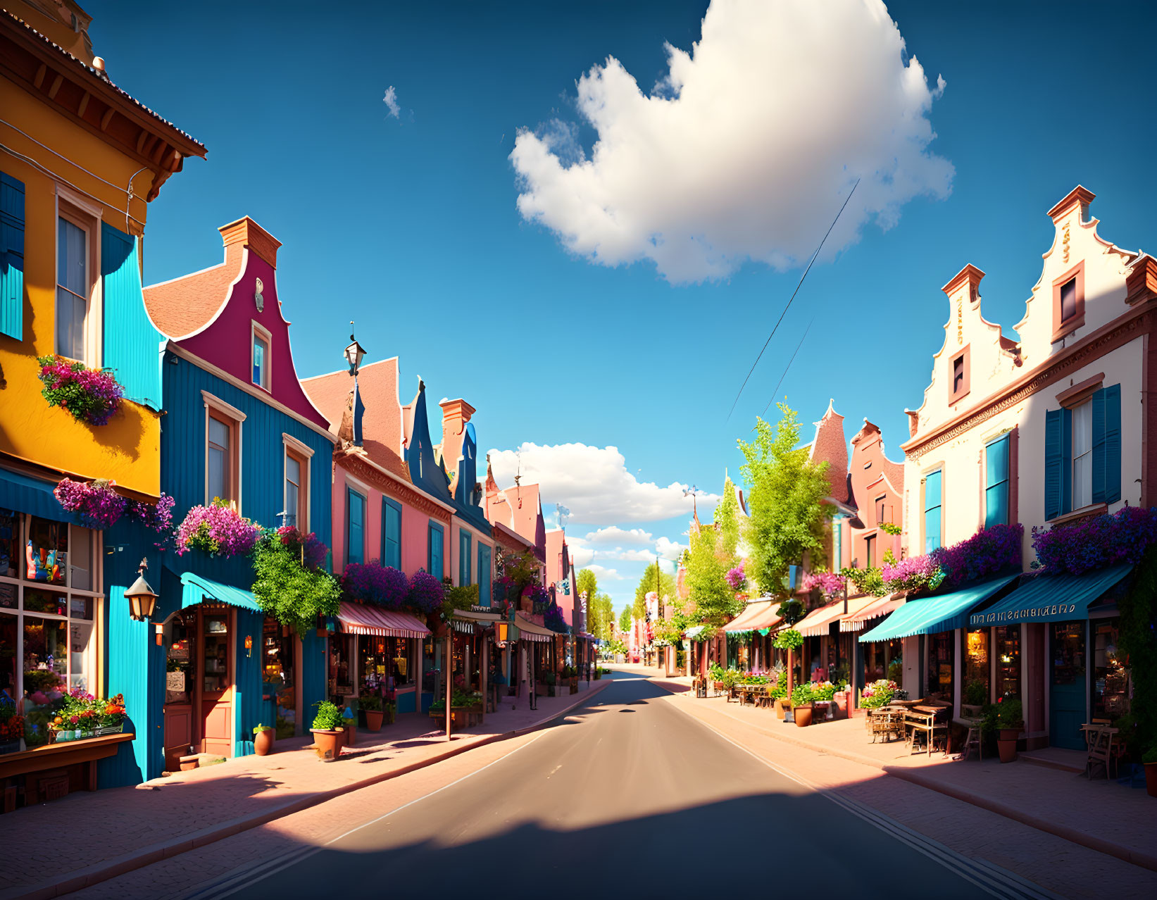 Colorful European Street with Floral Buildings under Clear Blue Sky